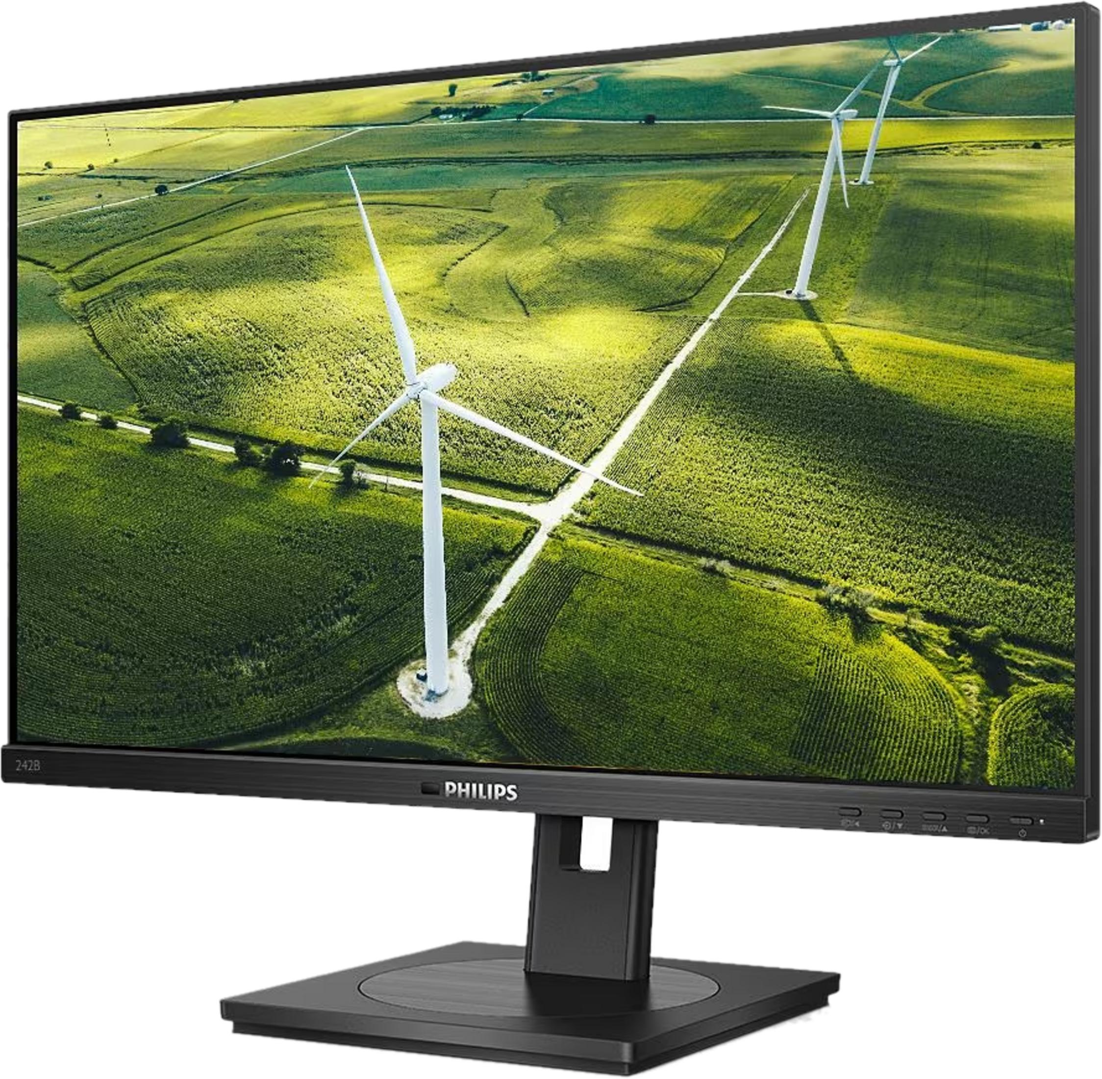 Monitor displays green fields with wind turbines. Philips logo visible.