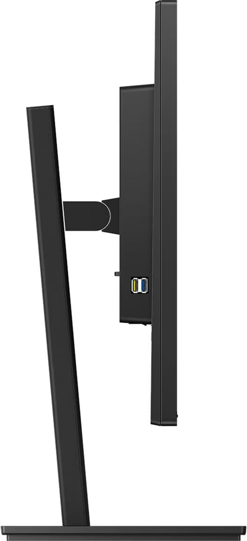 Vista laterale di un monitor nero con due porte USB sul retro.