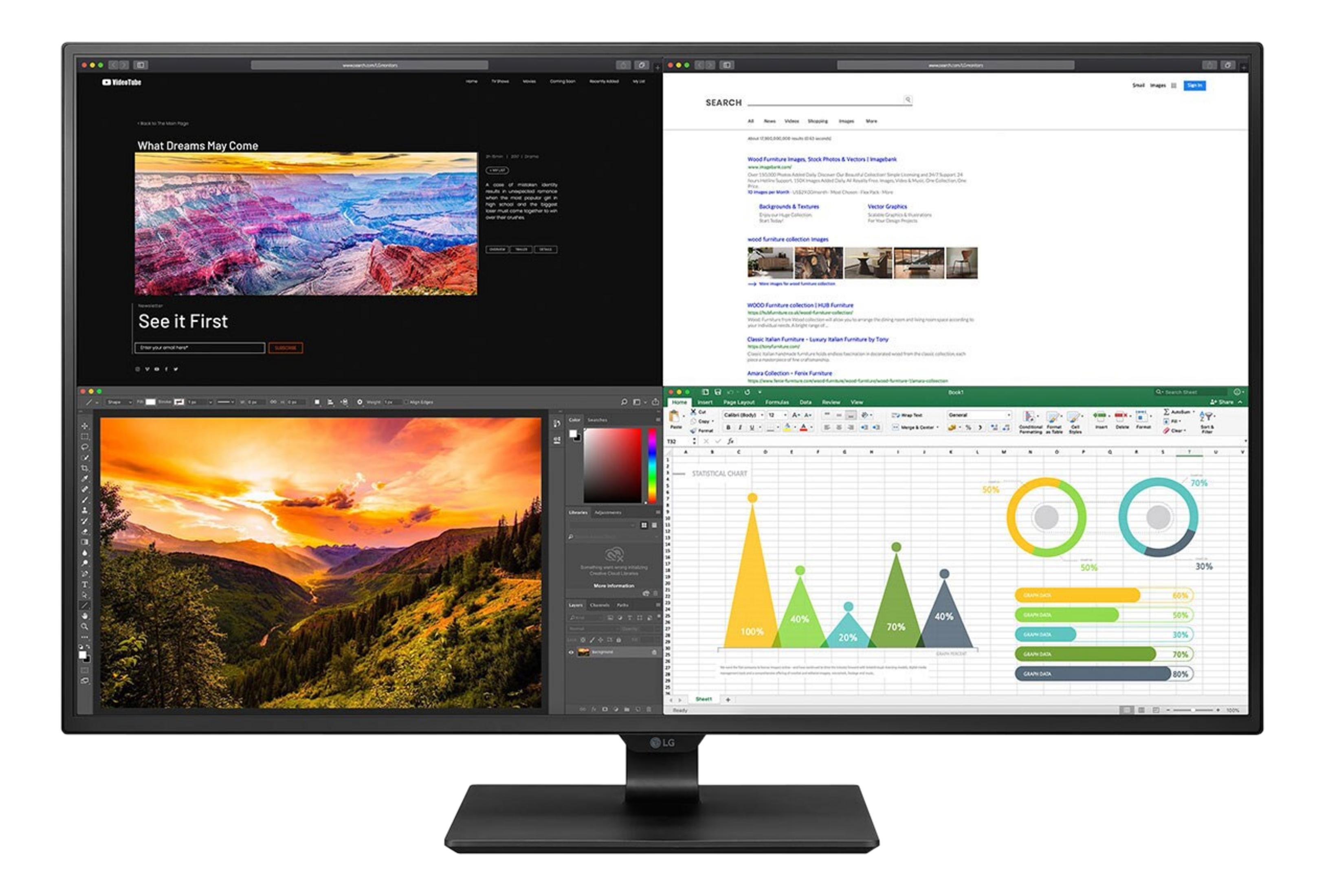 Un monitor mostra quattro viste divise: un sito web, risultati di ricerca, un editor di immagini e un foglio di calcolo.