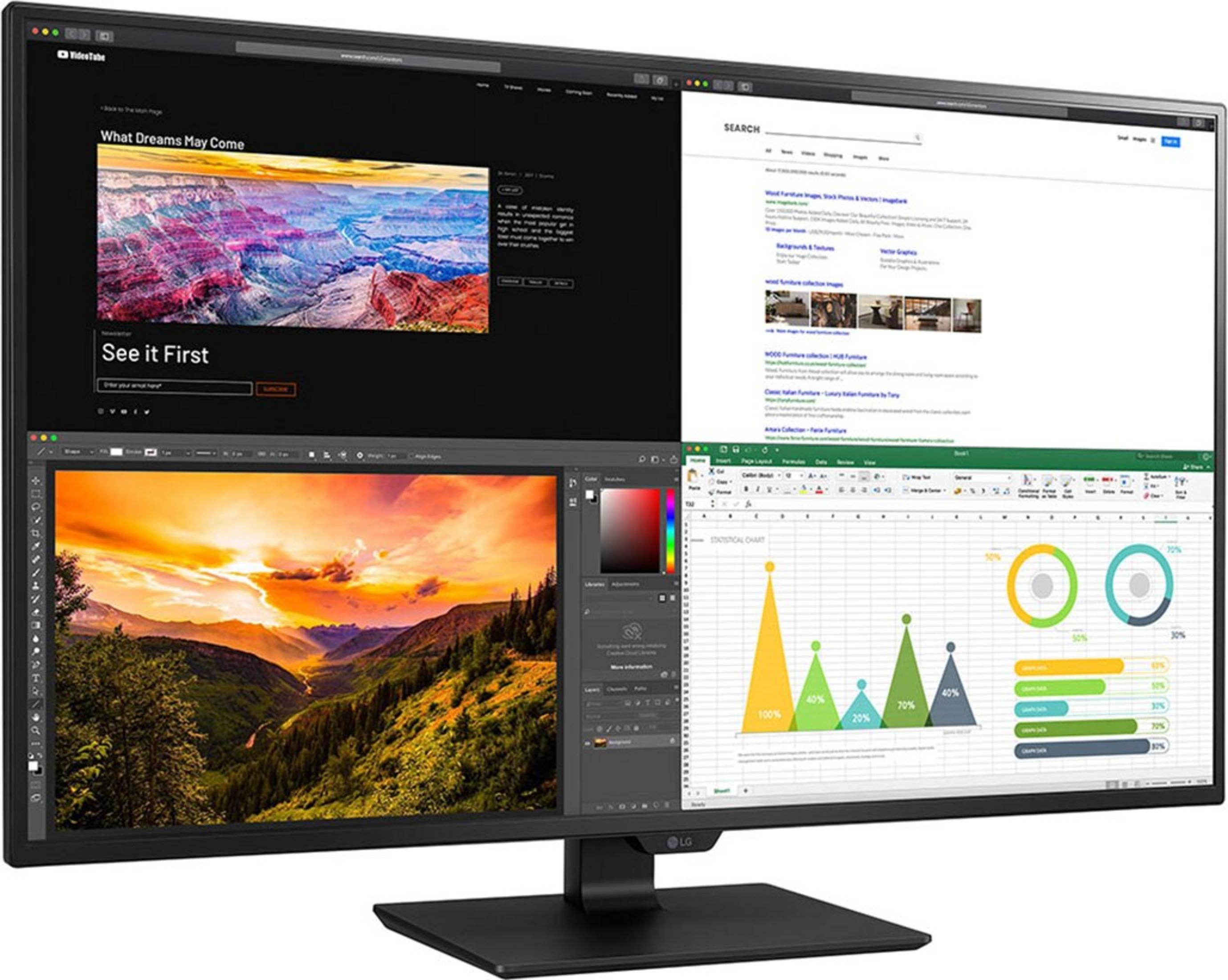 Un monitor mostra quattro app: sito web, fotoritocco, ricerca e foglio di calcolo con grafici.