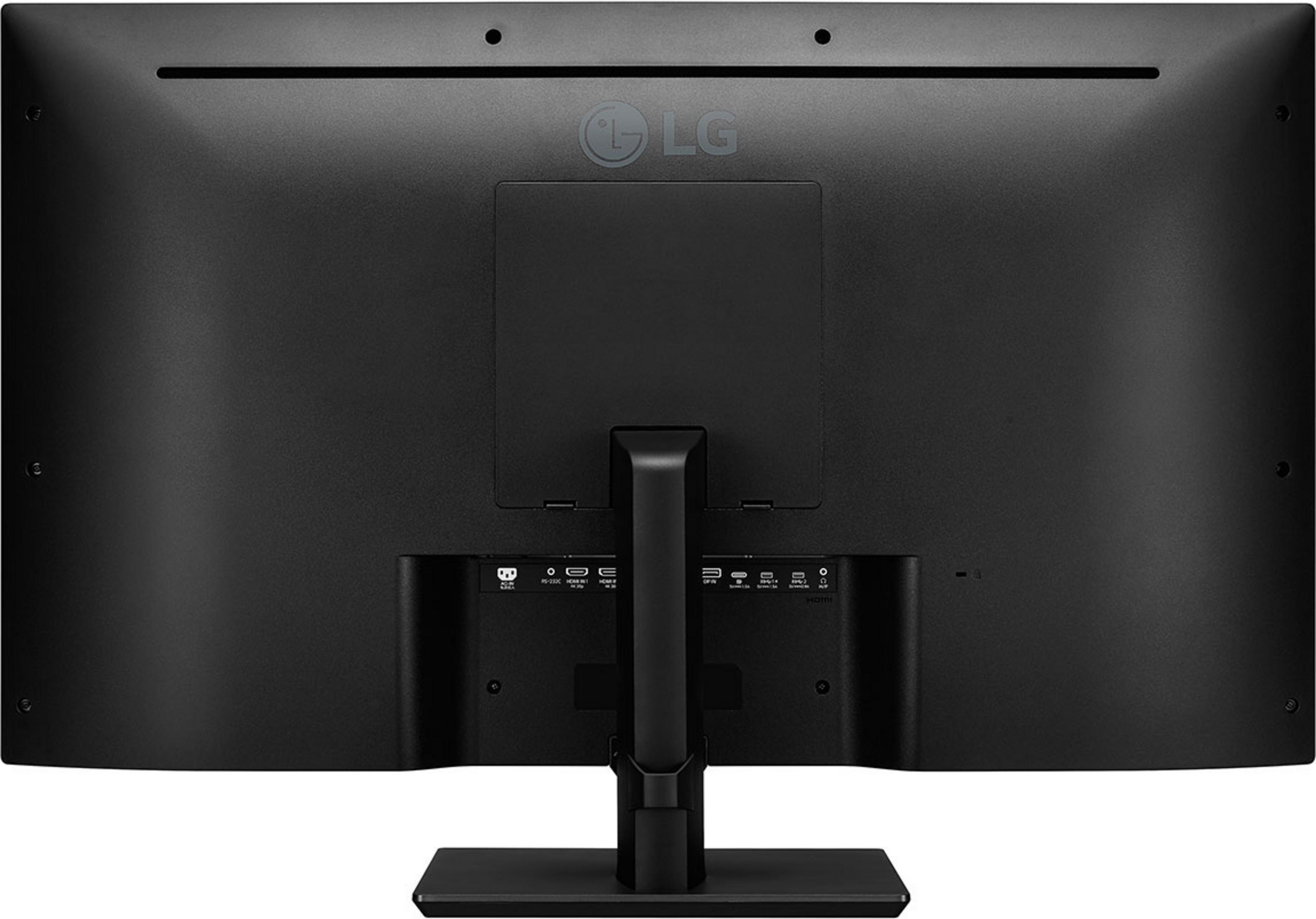 Vista posteriore di un monitor LG nero con porte e supporto.