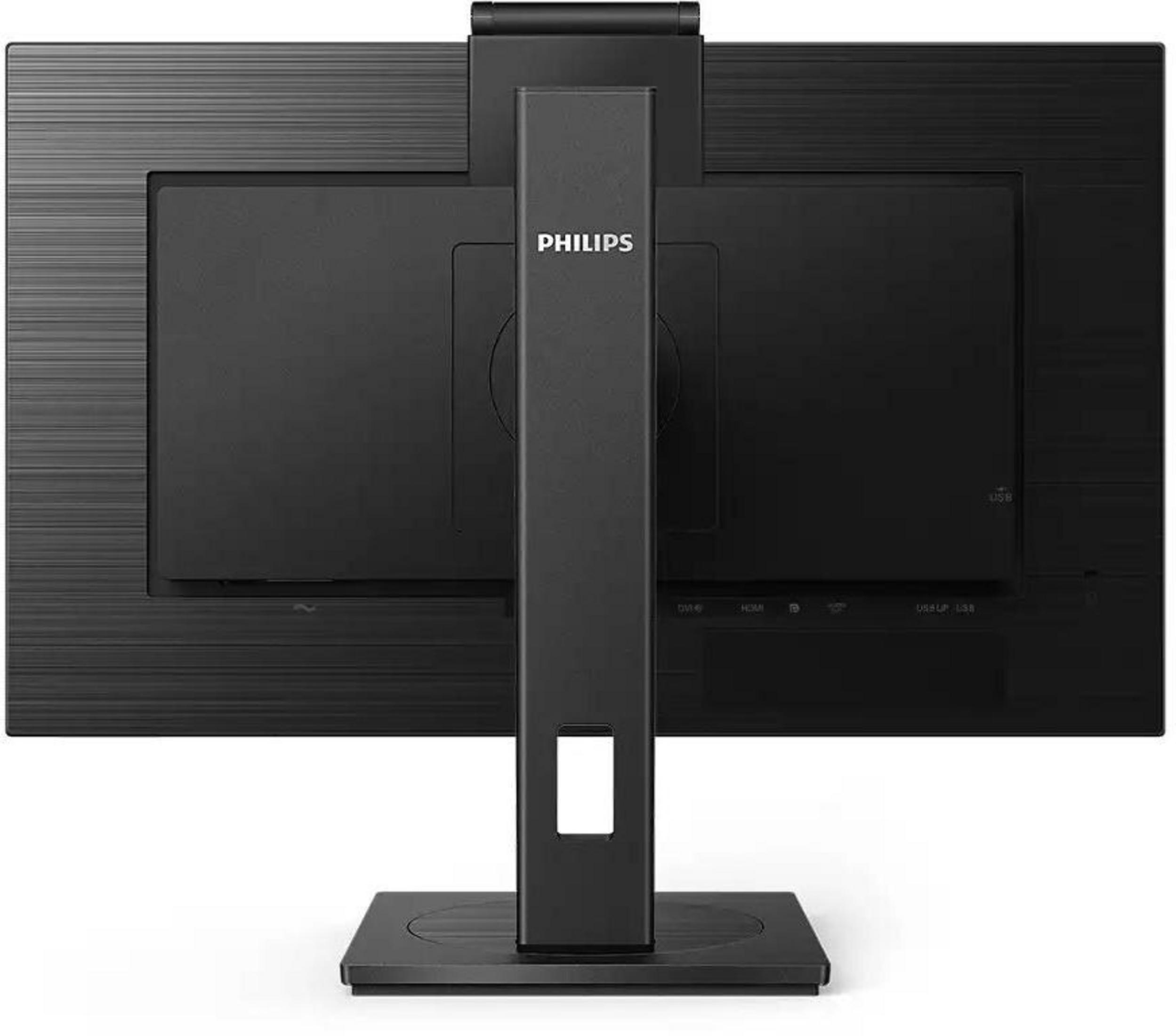 Parte trasera de un monitor Philips negro con soporte y puertos.