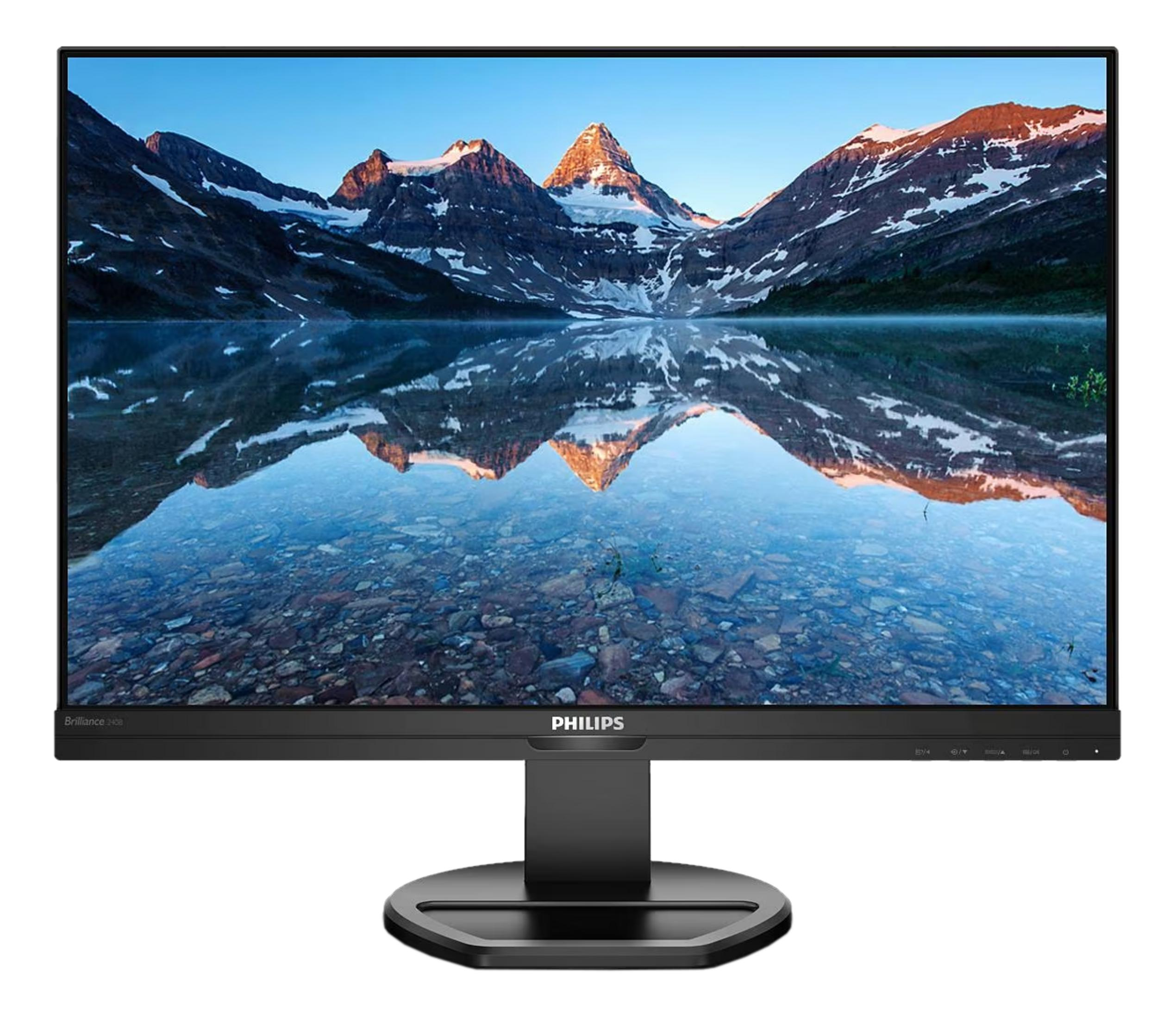 Philips monitor toont berglak-reflectie onder een heldere blauwe lucht.