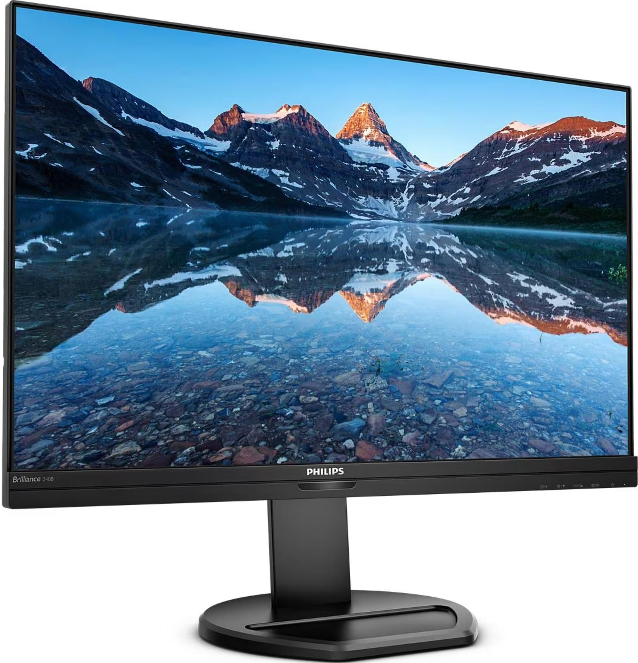 Een Philips monitor toont een serene bergmeer reflectie scène.