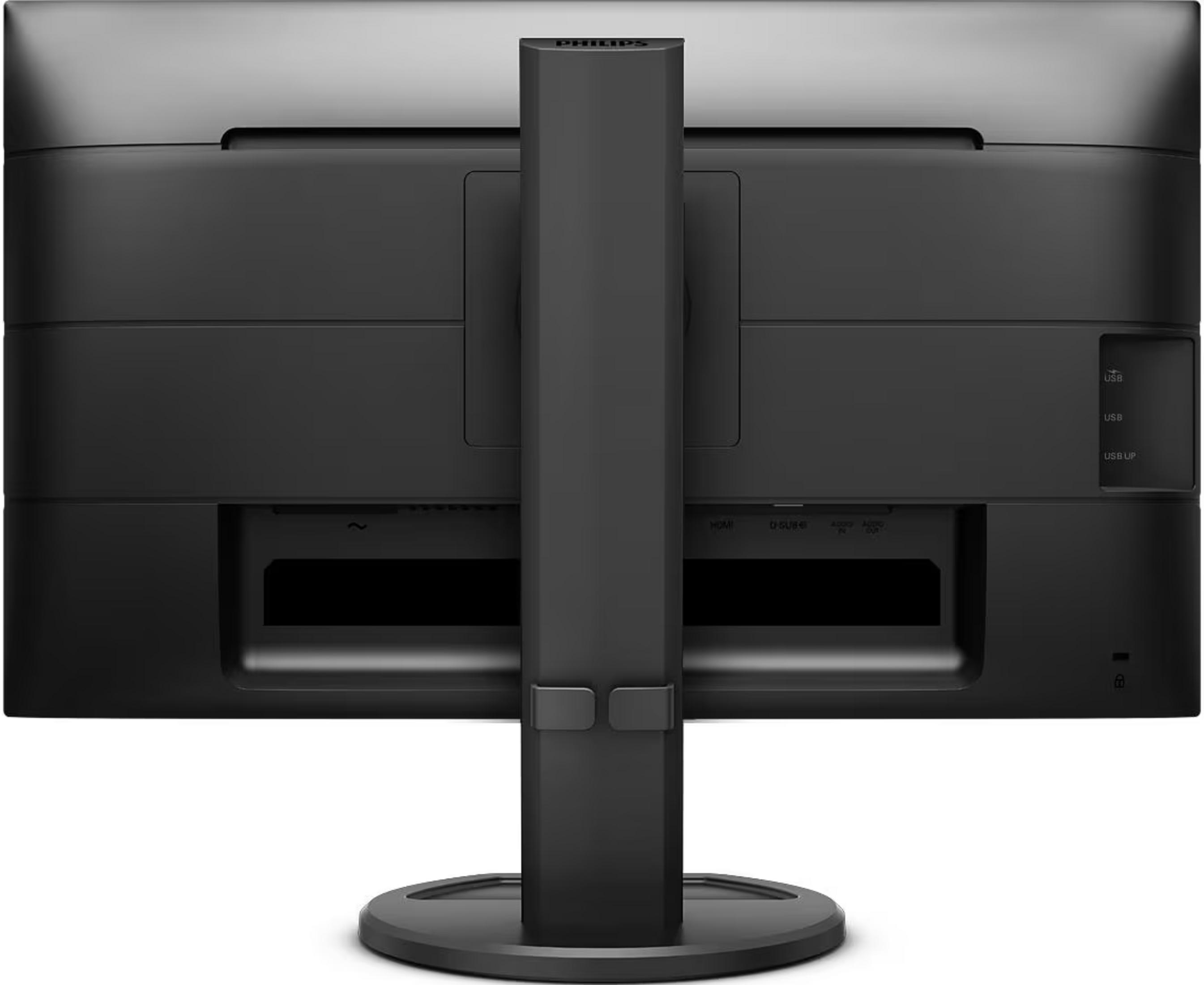 Achterkant van een zwarte monitor met poorten zoals HDMI, D-SUB en USB.