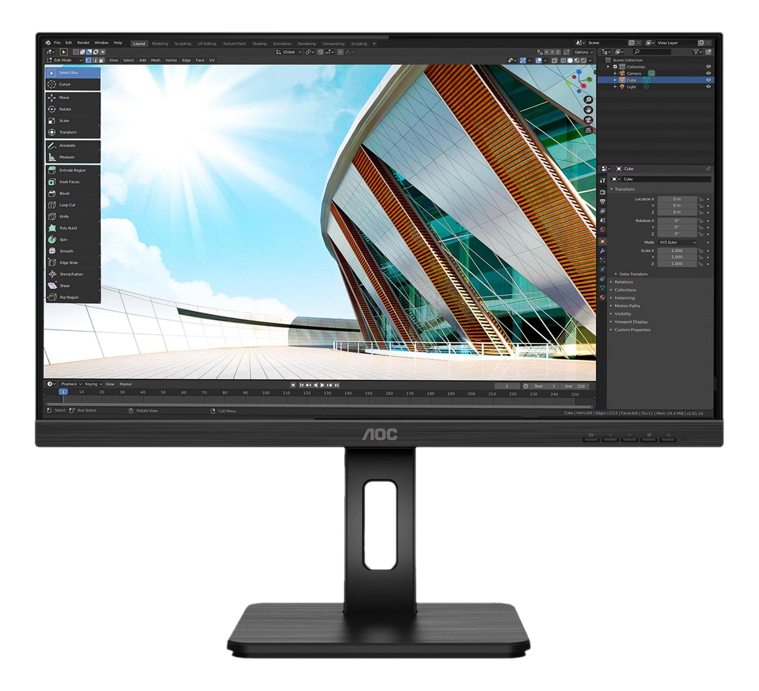 Monitor wyświetla oprogramowanie Blender z modelem 3D budynku i menu.