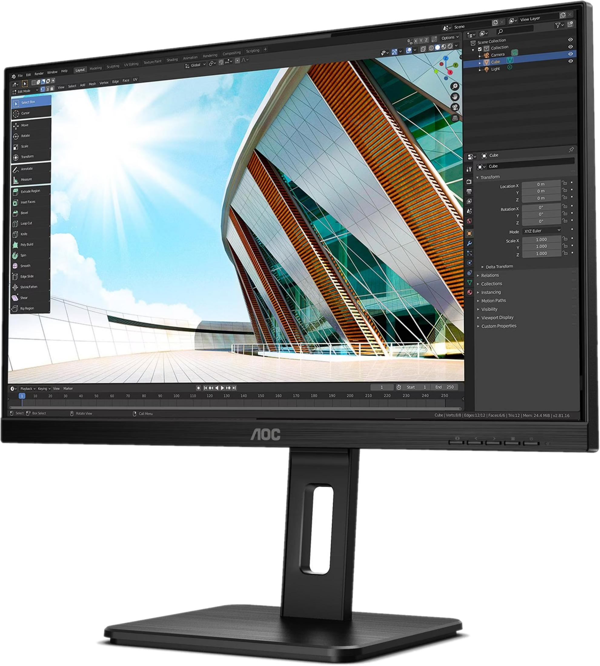 Monitor komputerowy wyświetla oprogramowanie 3D z projektem budynku i menu.