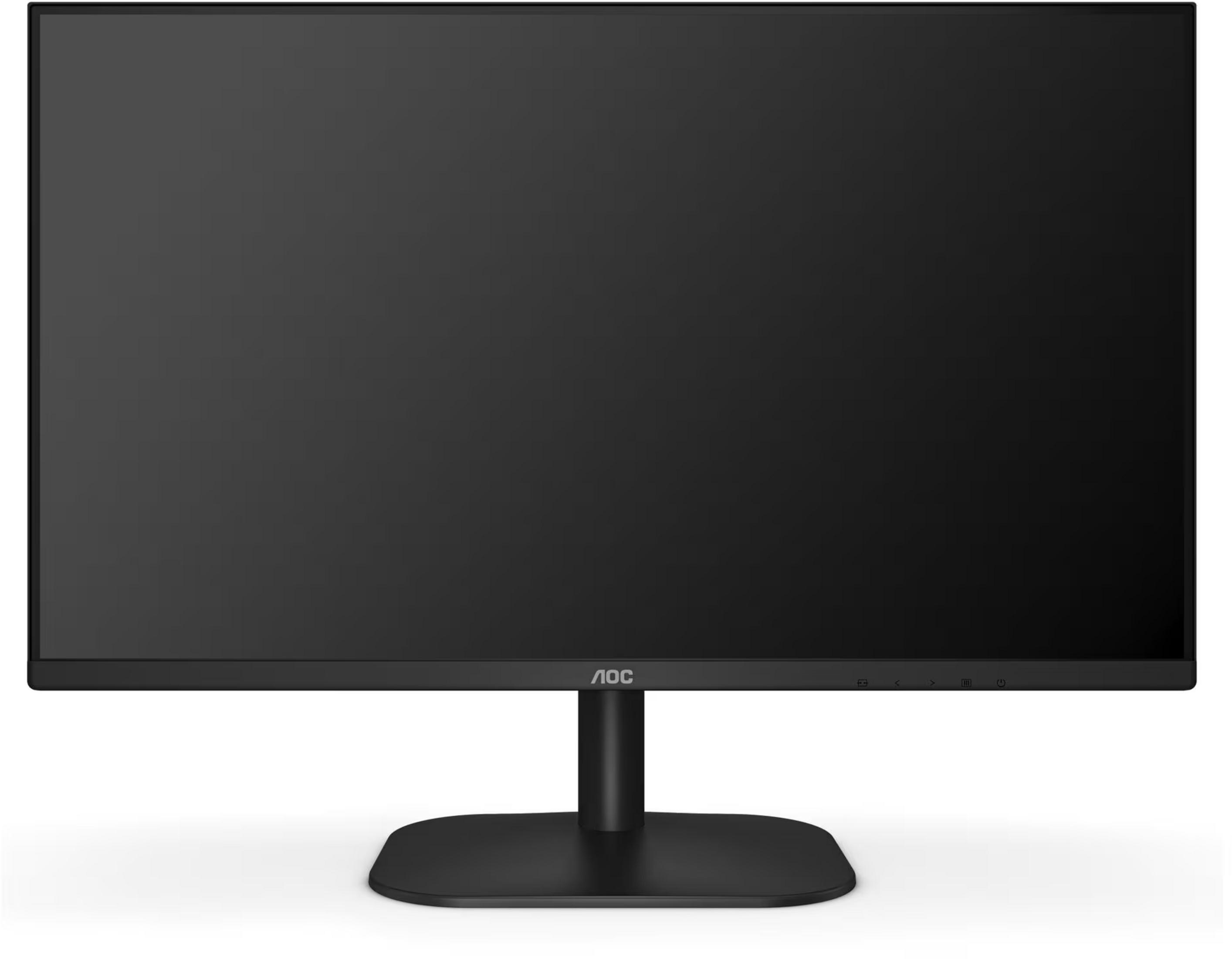 Ein schwarzer Computermonitor mit AOC-Logo steht auf einem runden Ständer.