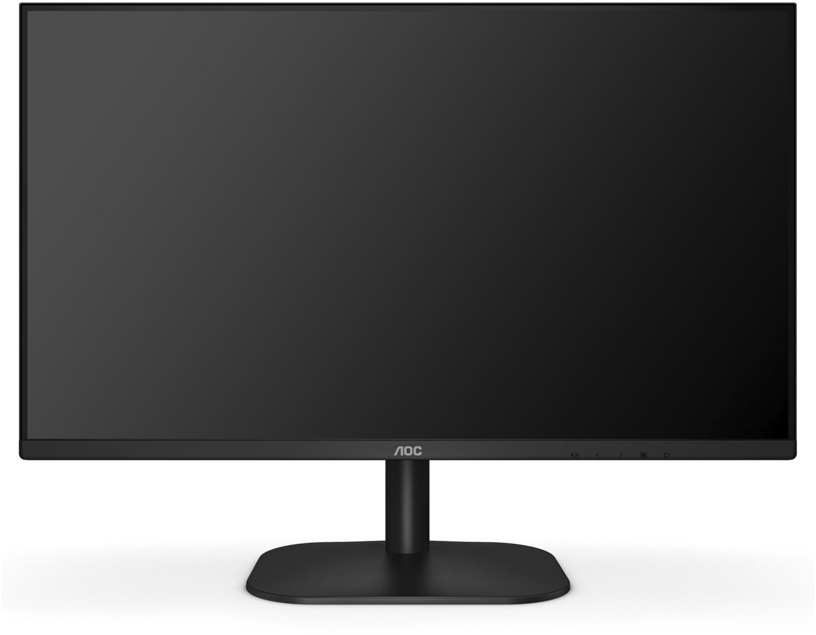 Un monitor AOC negro se alza sobre una base sencilla. La pantalla está oscura.