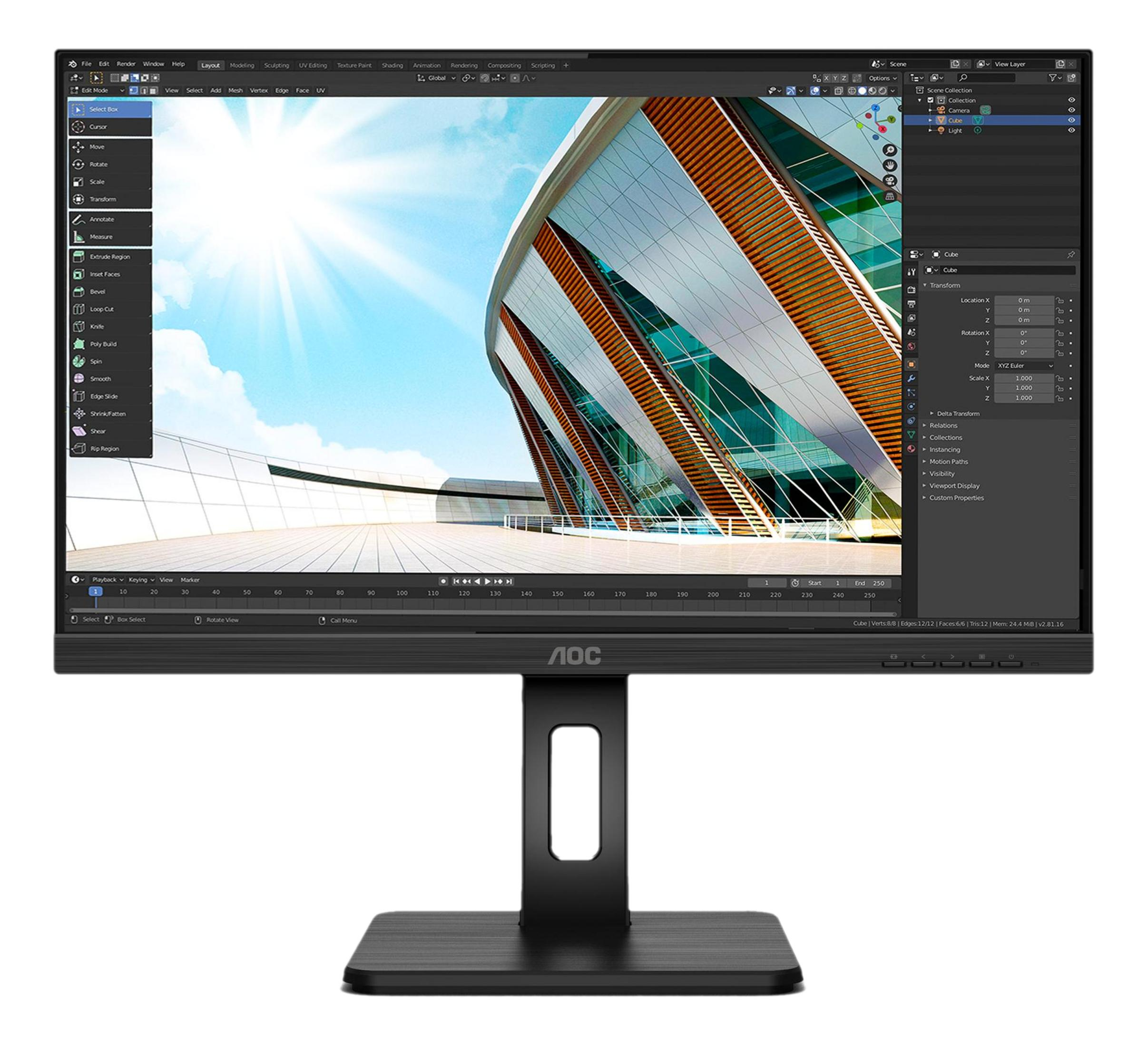 Un'interfaccia di modellazione 3D su un monitor AOC che mostra un edificio moderno.