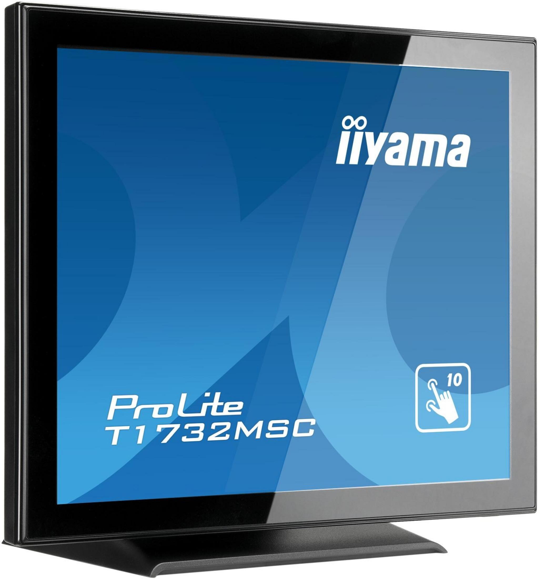 Czarny monitor z niebieskim tłem wyświetla logo iiyama i napis "ProLite T1732MSC".