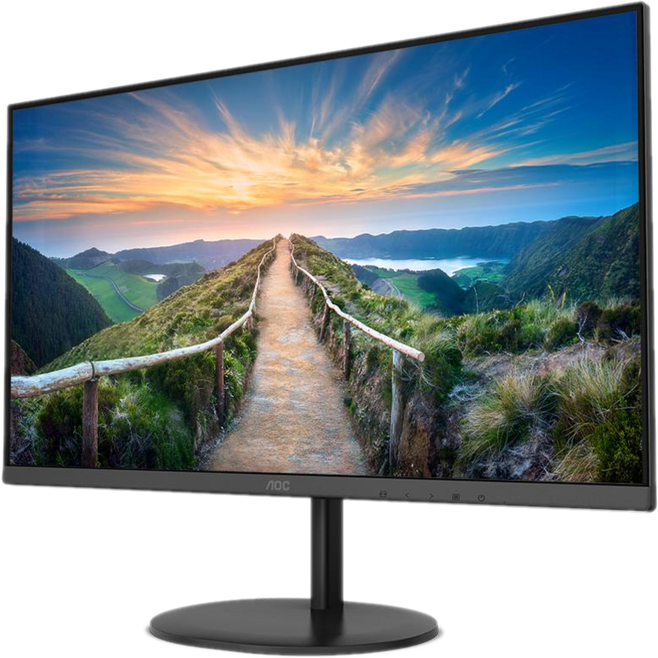 Ein Computermonitor zeigt einen malerischen Bergpfad mit See und dramatischem Himmel.
