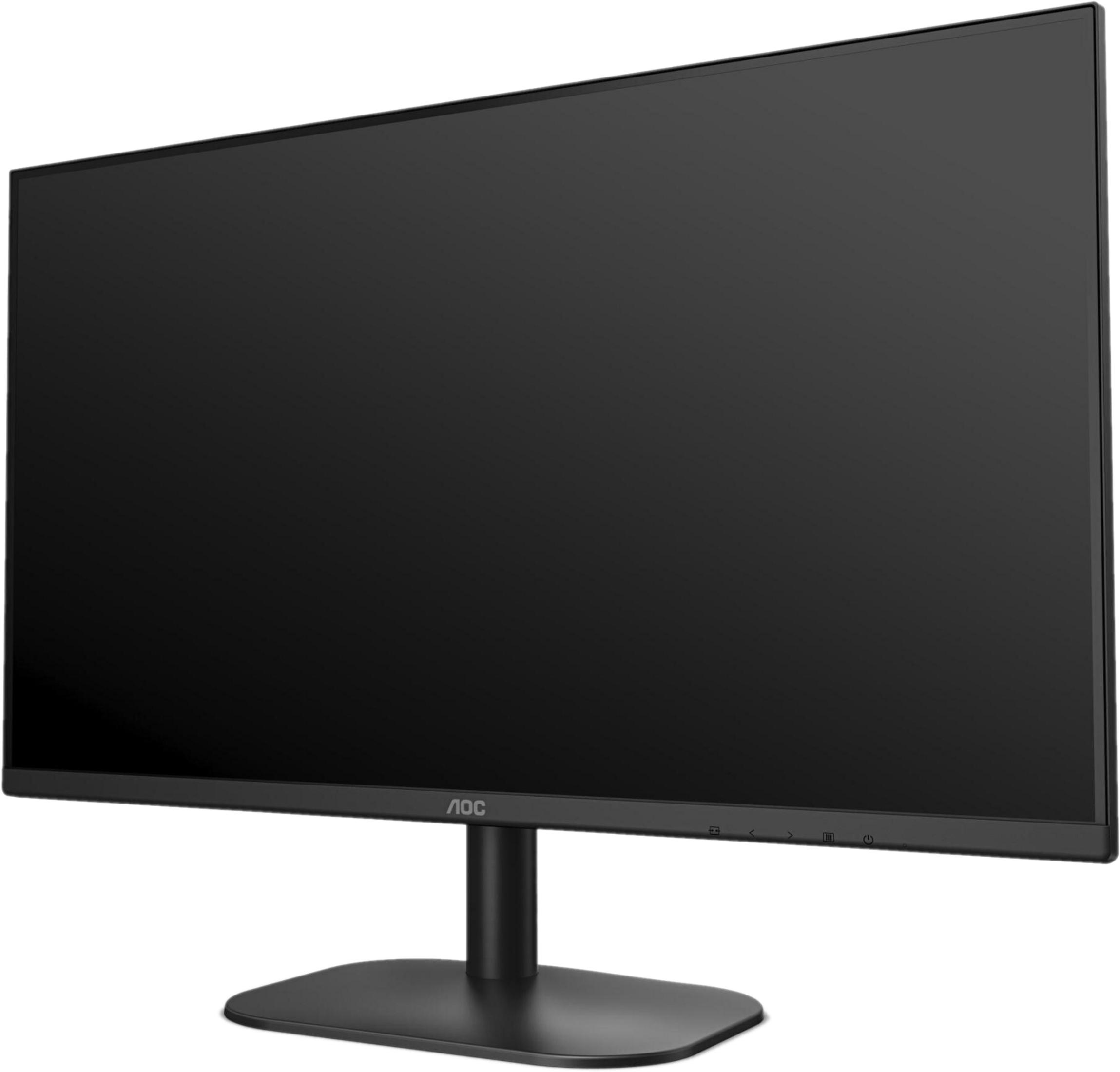 Un monitor AOC nero poggia su una base nera su sfondo bianco.