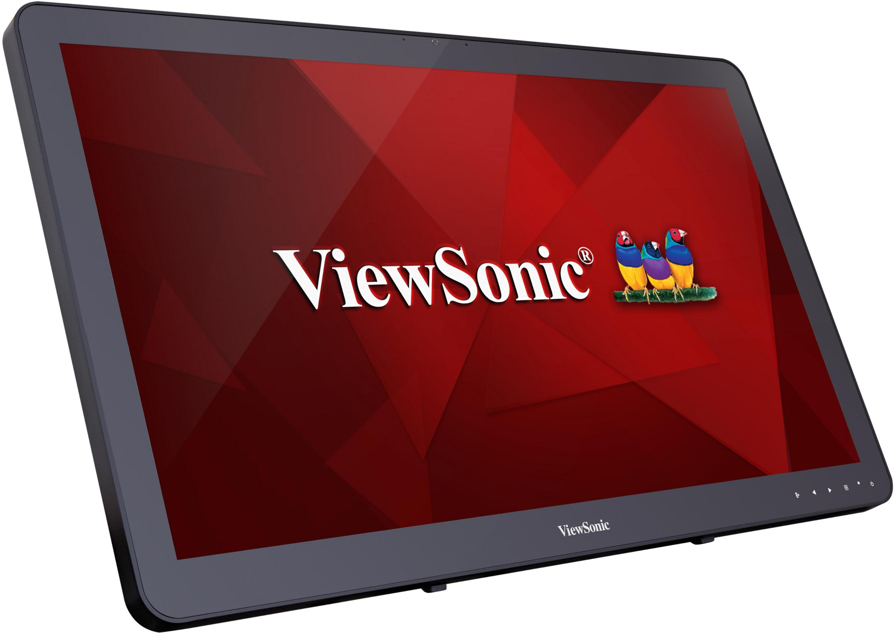 Zwarte monitor met rode achtergrond, ViewSonic logo en drie kleurrijke vogels.