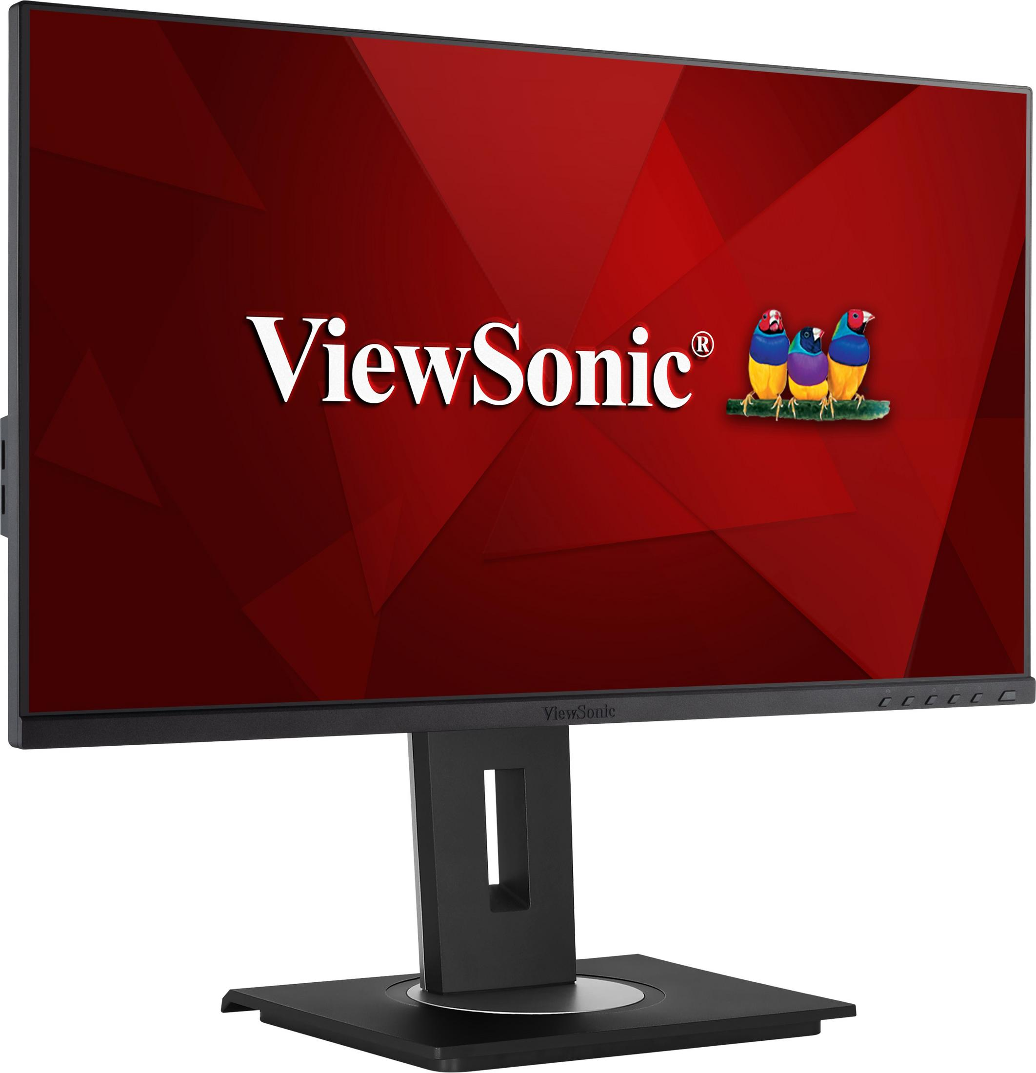 Un monitor nero con sfondo rosso, logo e tre uccelli colorati.