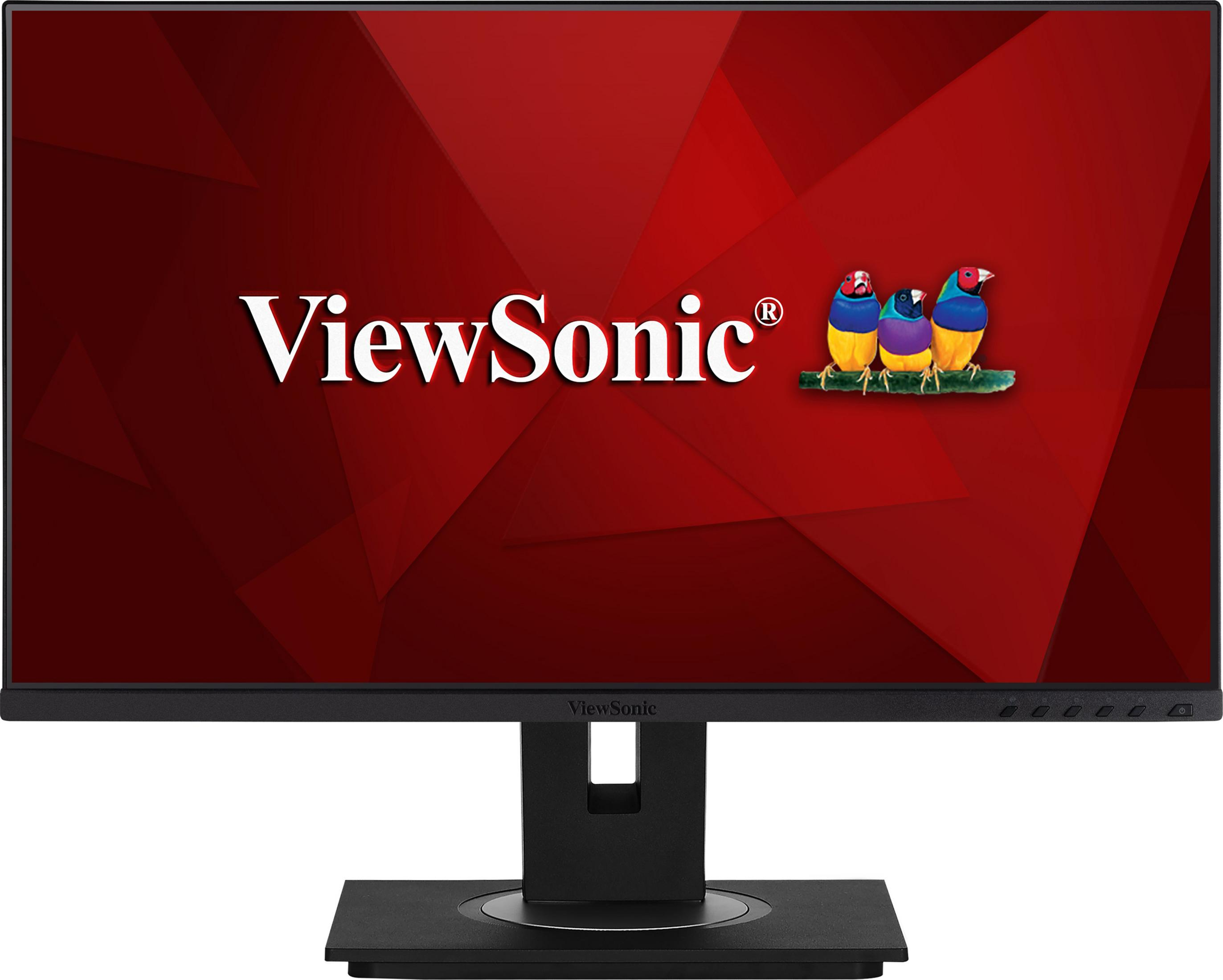 Un monitor nero mostra il logo ViewSonic e tre uccelli colorati su sfondo rosso.