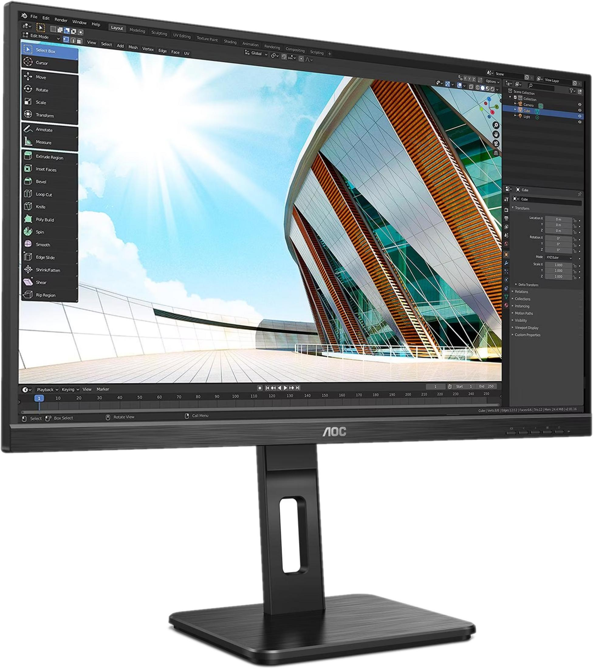 A modern 3D modeling monitor displays futuristic architecture.