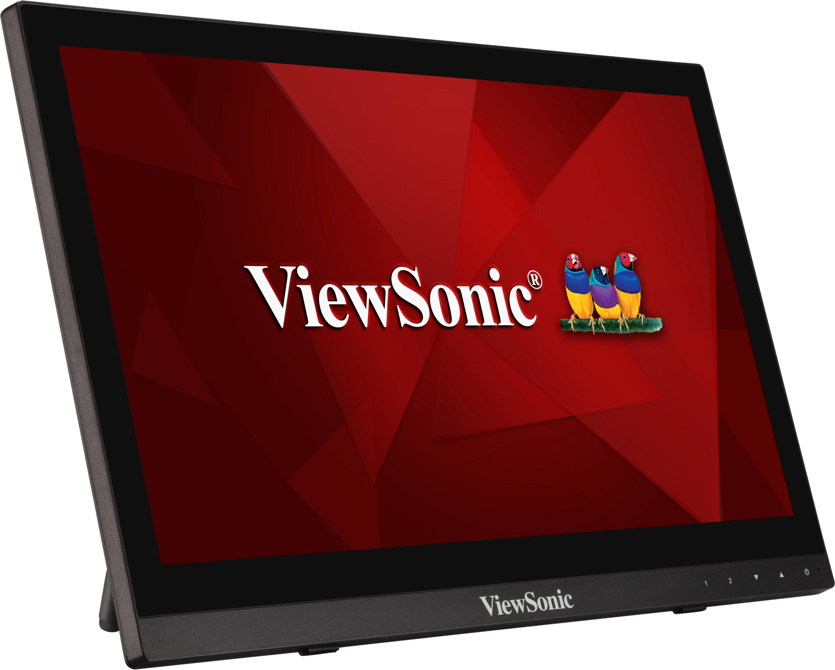 A black monitor displaying a red background with the ViewSonic logo.