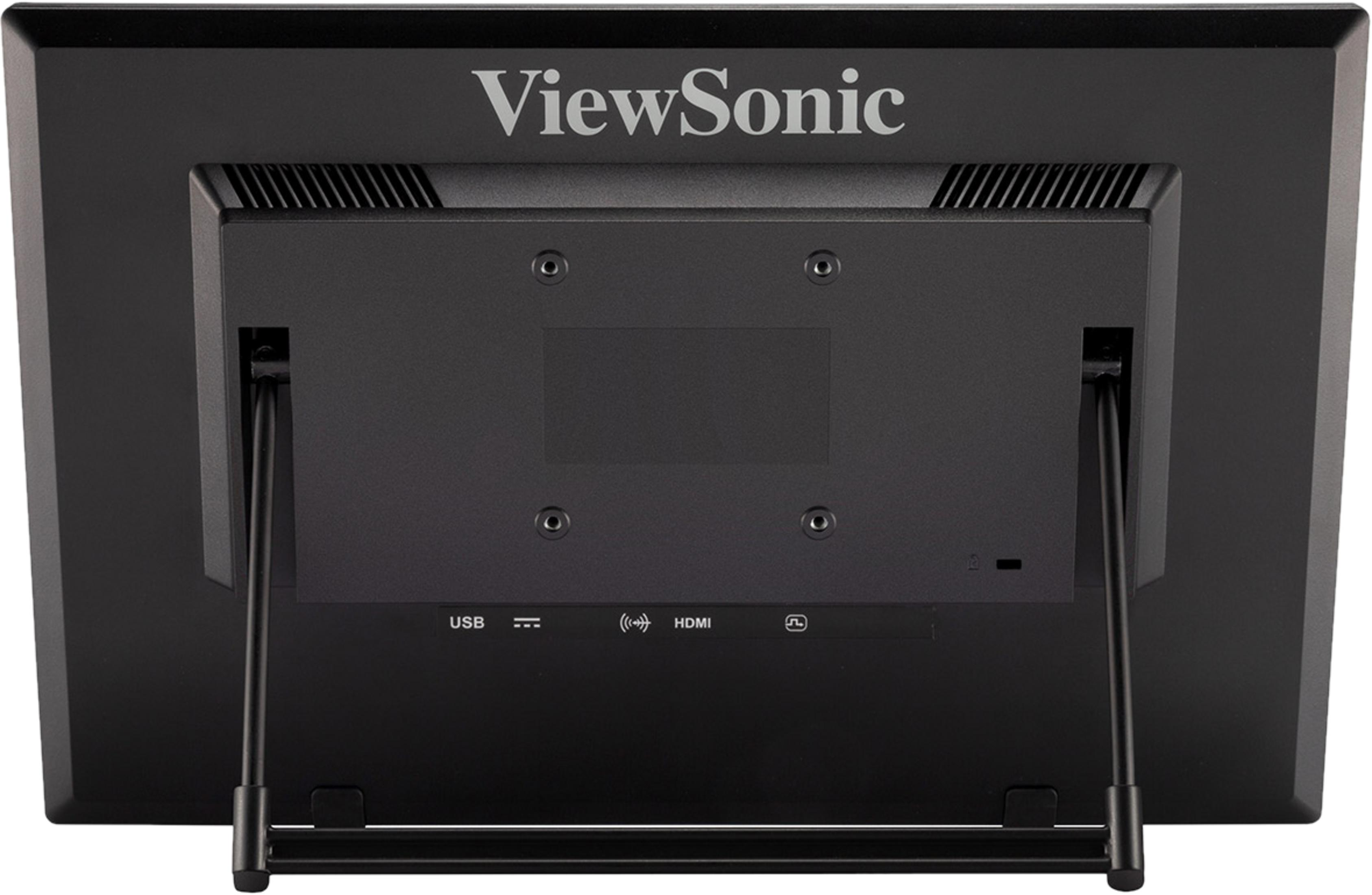 Rear view of a black ViewSonic monitor with stand, USB and HDMI ports.