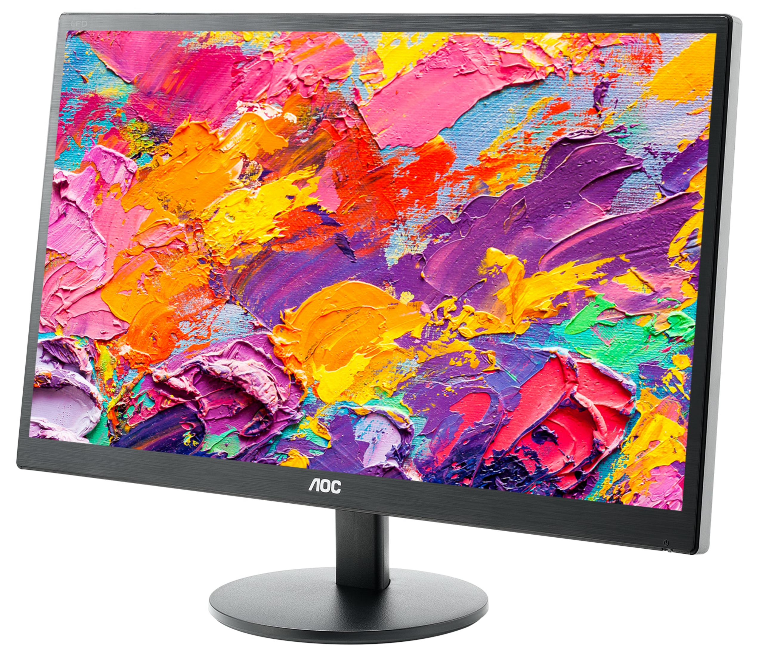 Un monitor AOC que muestra un salvapantallas abstracto y colorido. Soporte gris.