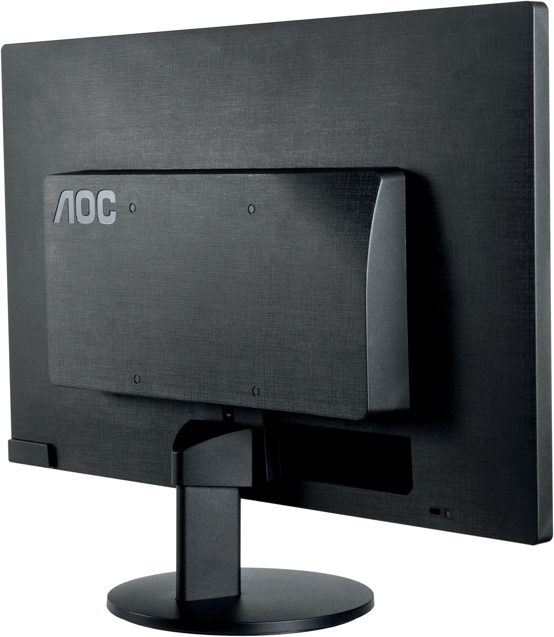 Parte trasera de un monitor AOC negro con acabado texturizado y soporte.