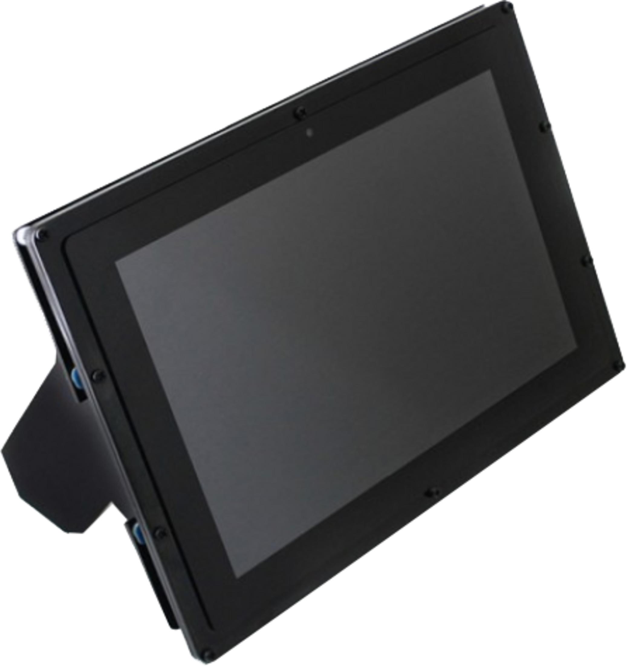 Ein schwarzes Tablet mit Ständer im Querformat, auf weißem Hintergrund.