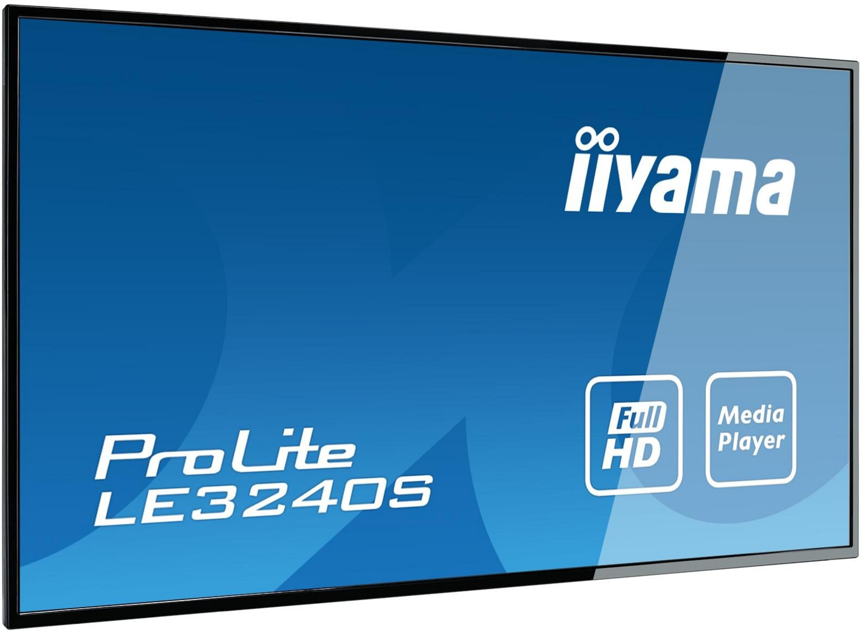 Un monitor negro de pantalla plana con fondo azul y texto blanco.