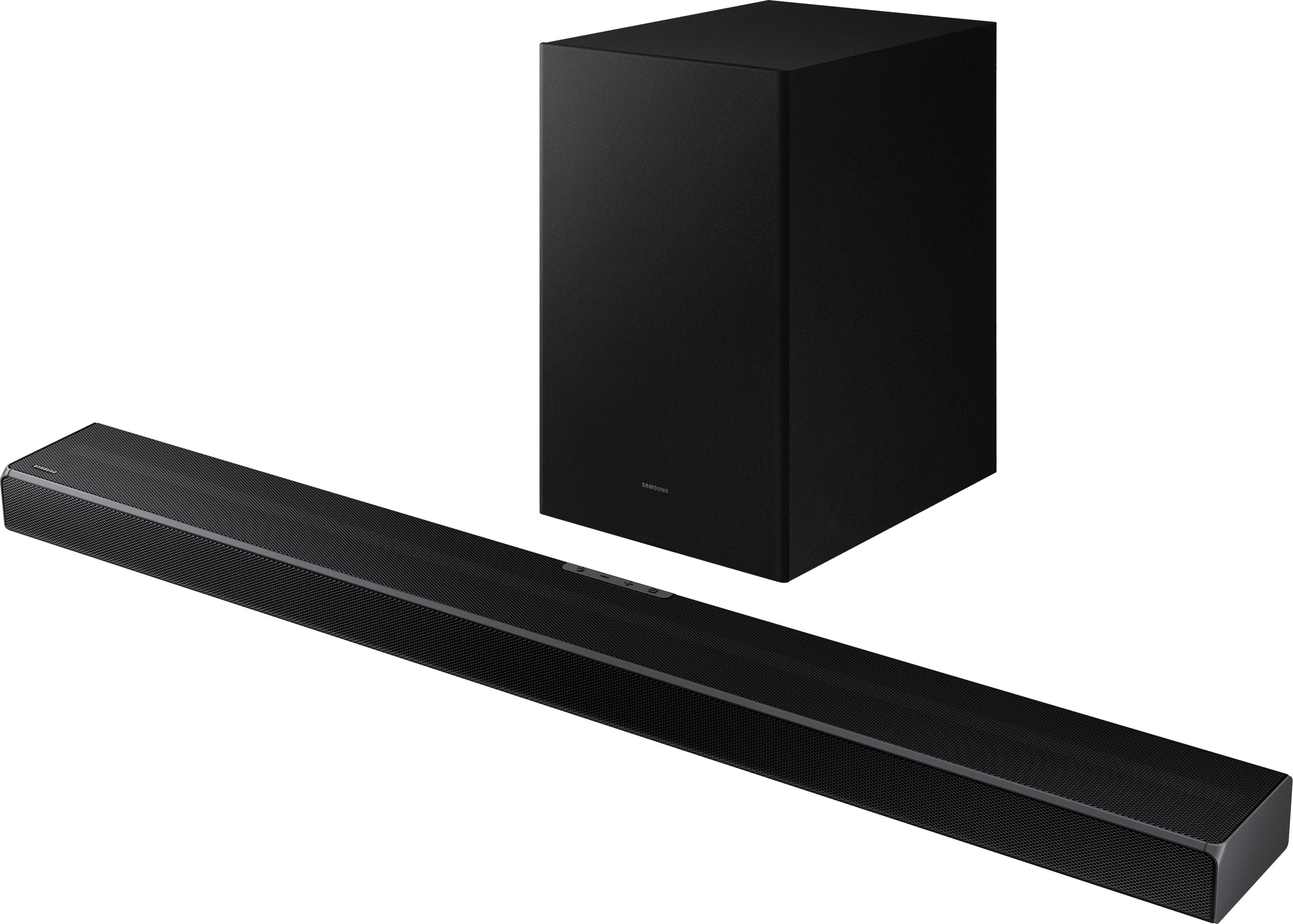 Schwarze Soundbar und Subwoofer auf weißem Hintergrund.