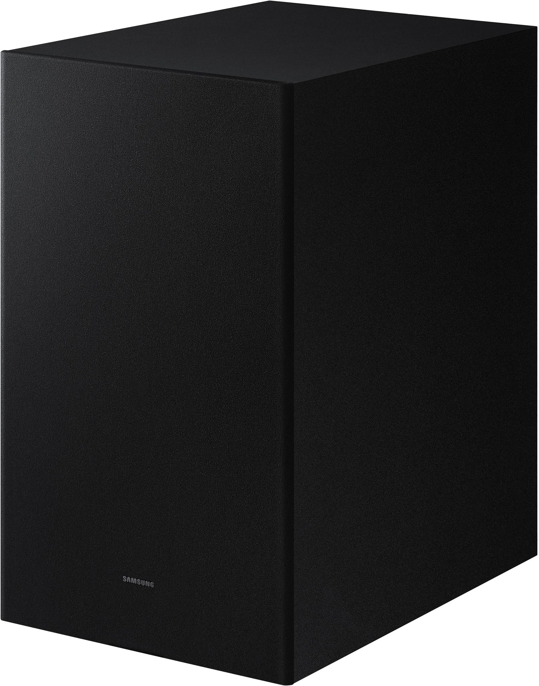 Schwarzer, rechteckiger Subwoofer mit Samsung-Logo auf der Vorderseite.