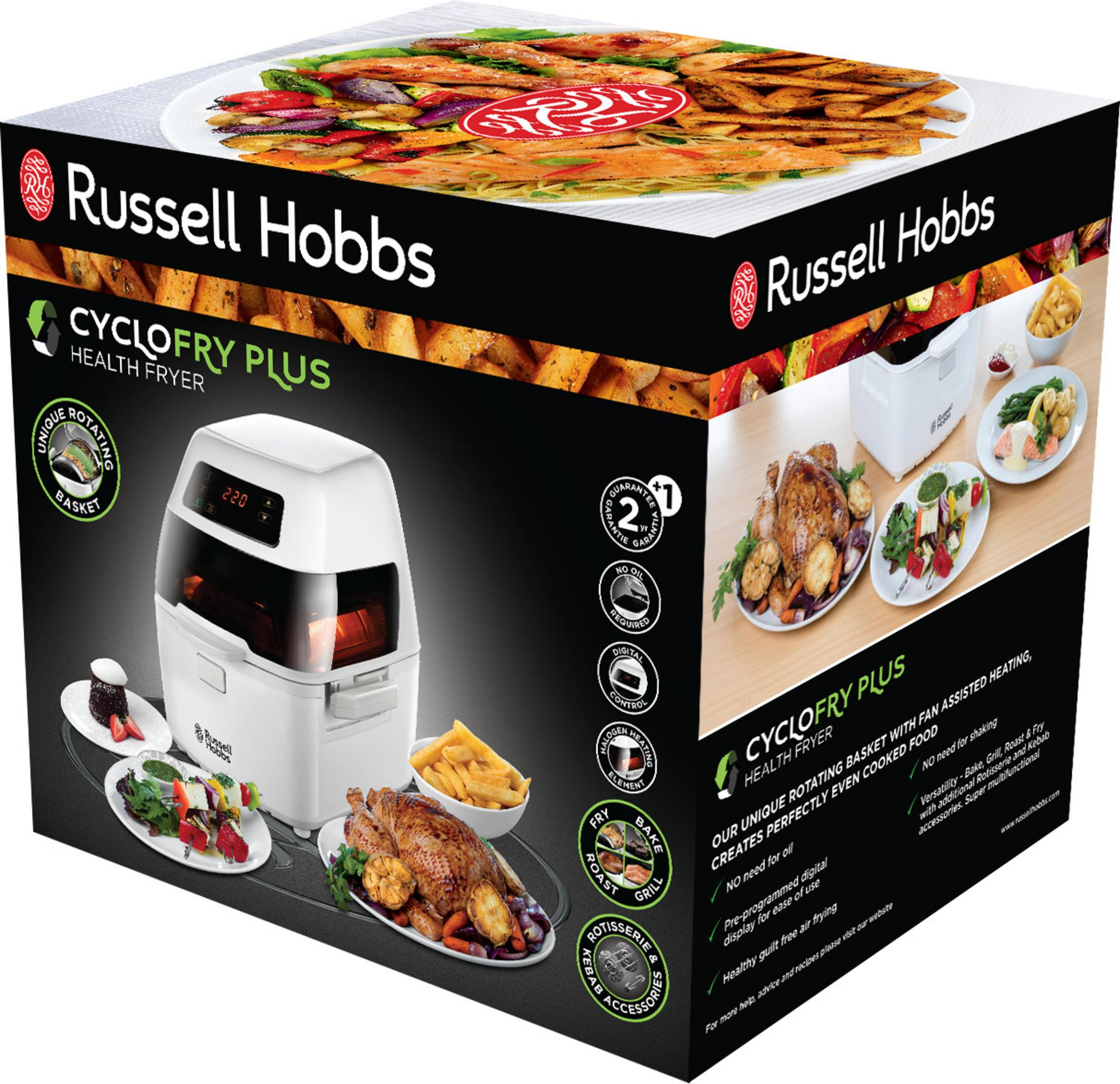 Russell Hobbs CycloFry Plus Heißluftfritteuse mit Hähnchen, Beilagen und Dessert.