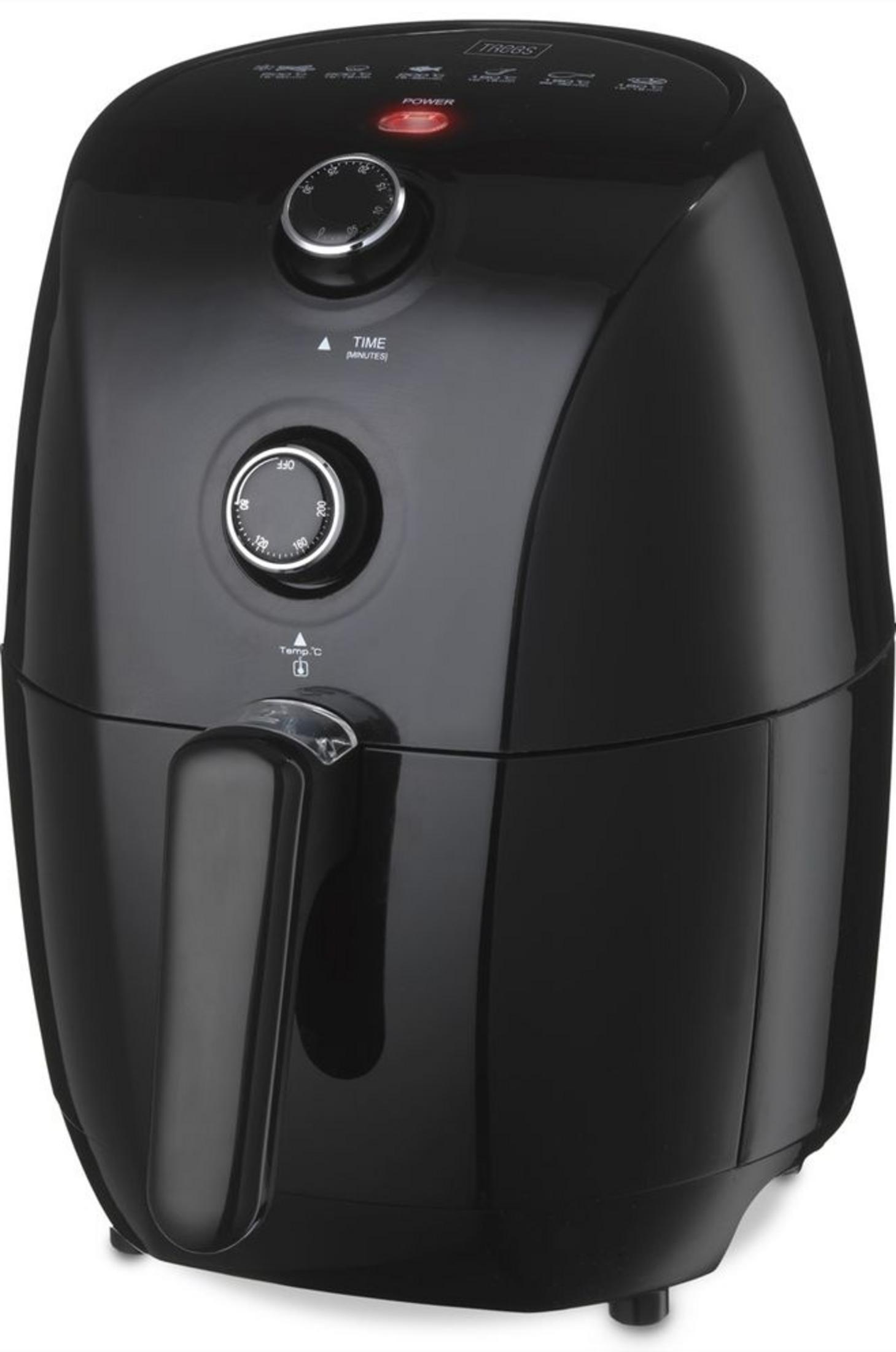 Friteuse ad aria nera con manopole per tempo e temperatura. Luce accesa.