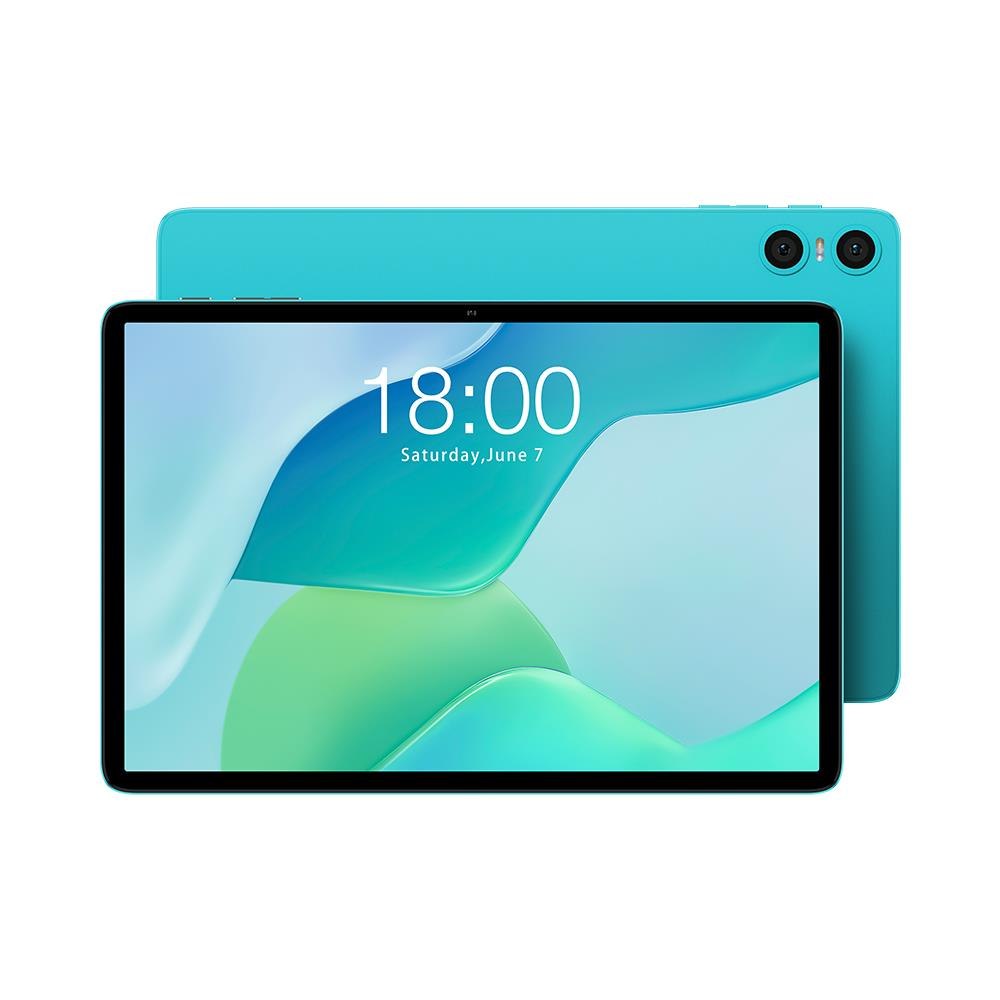 Ekranında 18:00 gösteren turkuaz renkli bir tablet, arkasında kameralar mevcut.