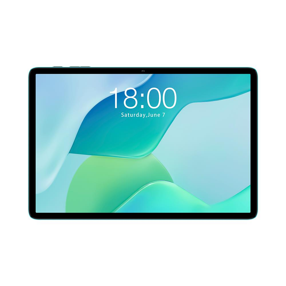 Turkuaz çerçeveli tablet, saat 18:00 ve 7 Haziran Cumartesi'yi gösteriyor.