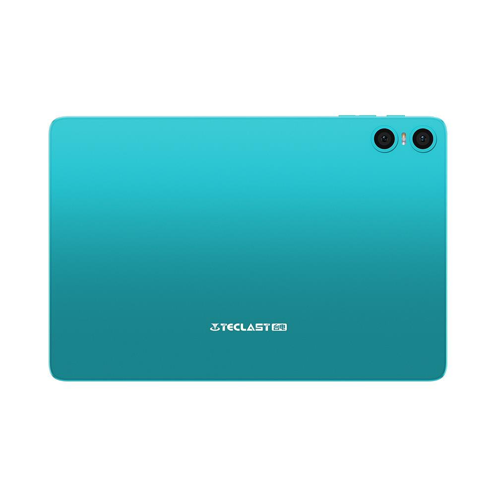 Teclast logolu, iki arka kameraya sahip turkuaz tablet.