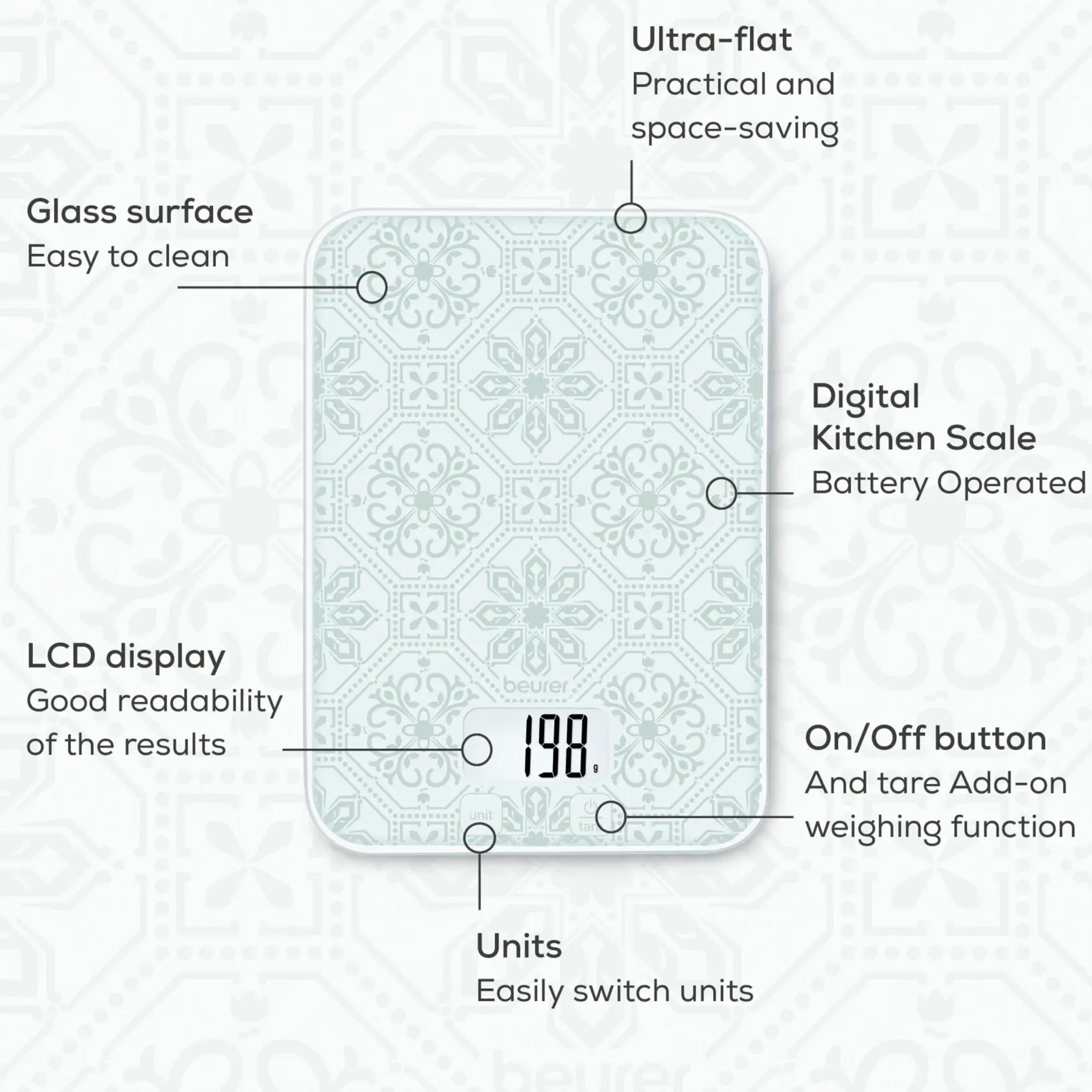 Una báscula de cocina digital blanca con patrón y pantalla LCD que muestra 198 g.