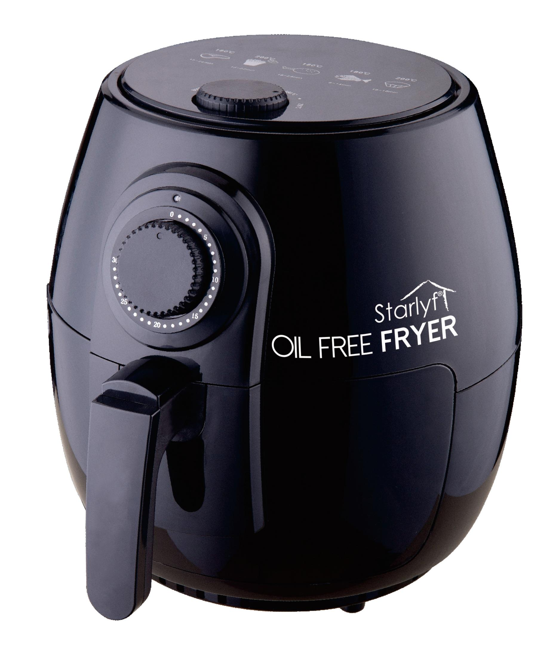 Schwarzer ölfreier Heißluftfritteuse mit Timer-Drehknopf und Temperatureinstellungen.