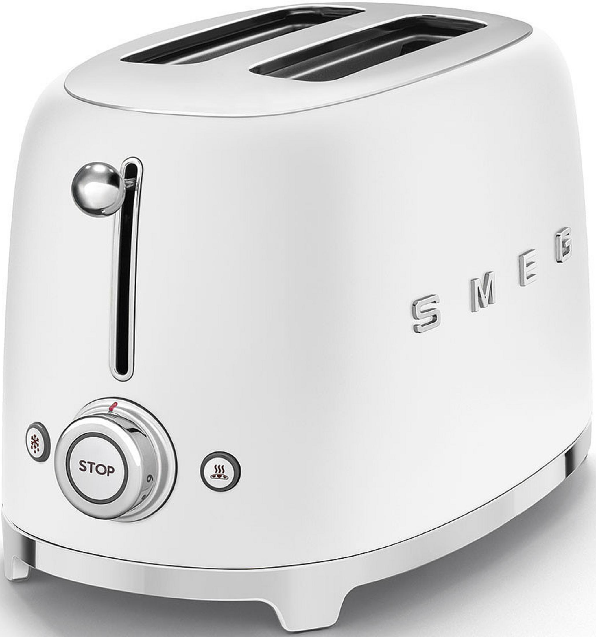 Un tostapane SMEG bianco con accenti cromati e controlli.
