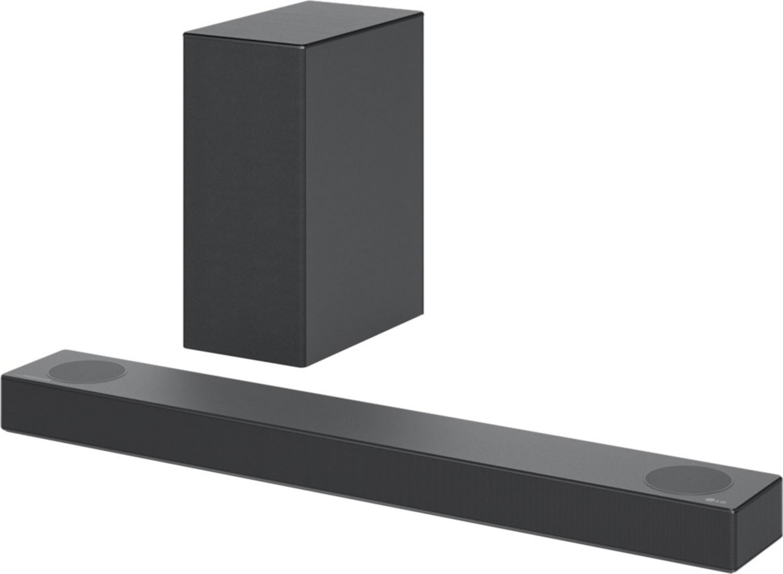 Schwarzer schlanker Lautsprecher und ein passender Subwoofer.