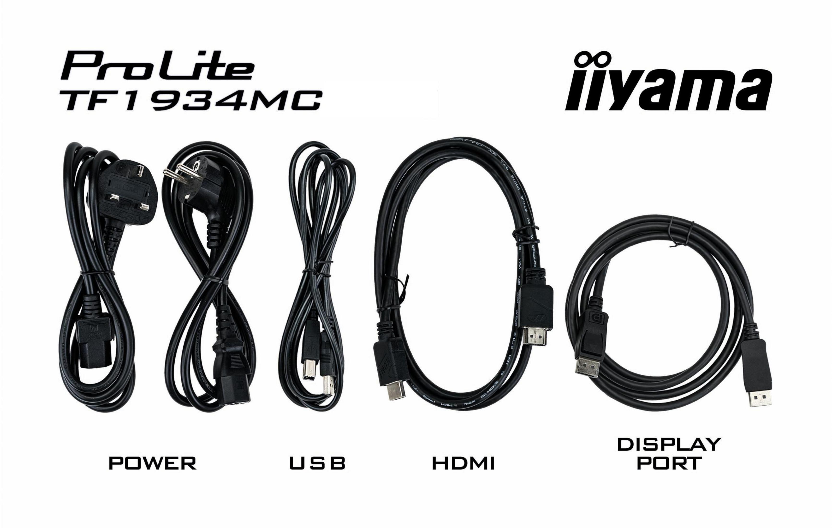 Fünf schwarze Kabel: Strom, USB, HDMI, DisplayPort. Iiyama Logo.