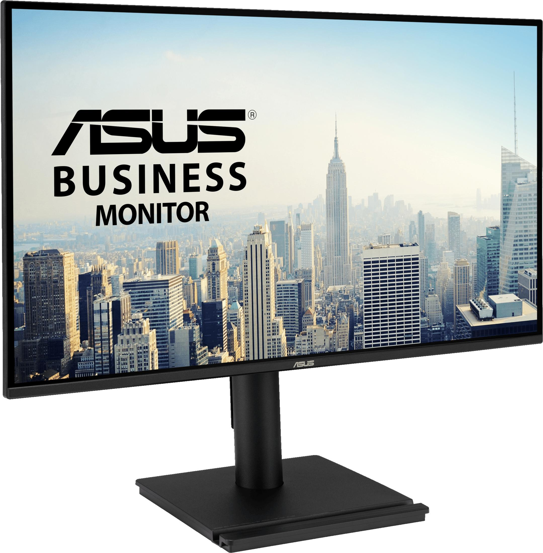 An ASUS Business Monitor displays a New York City skyline with the Empire State Building.