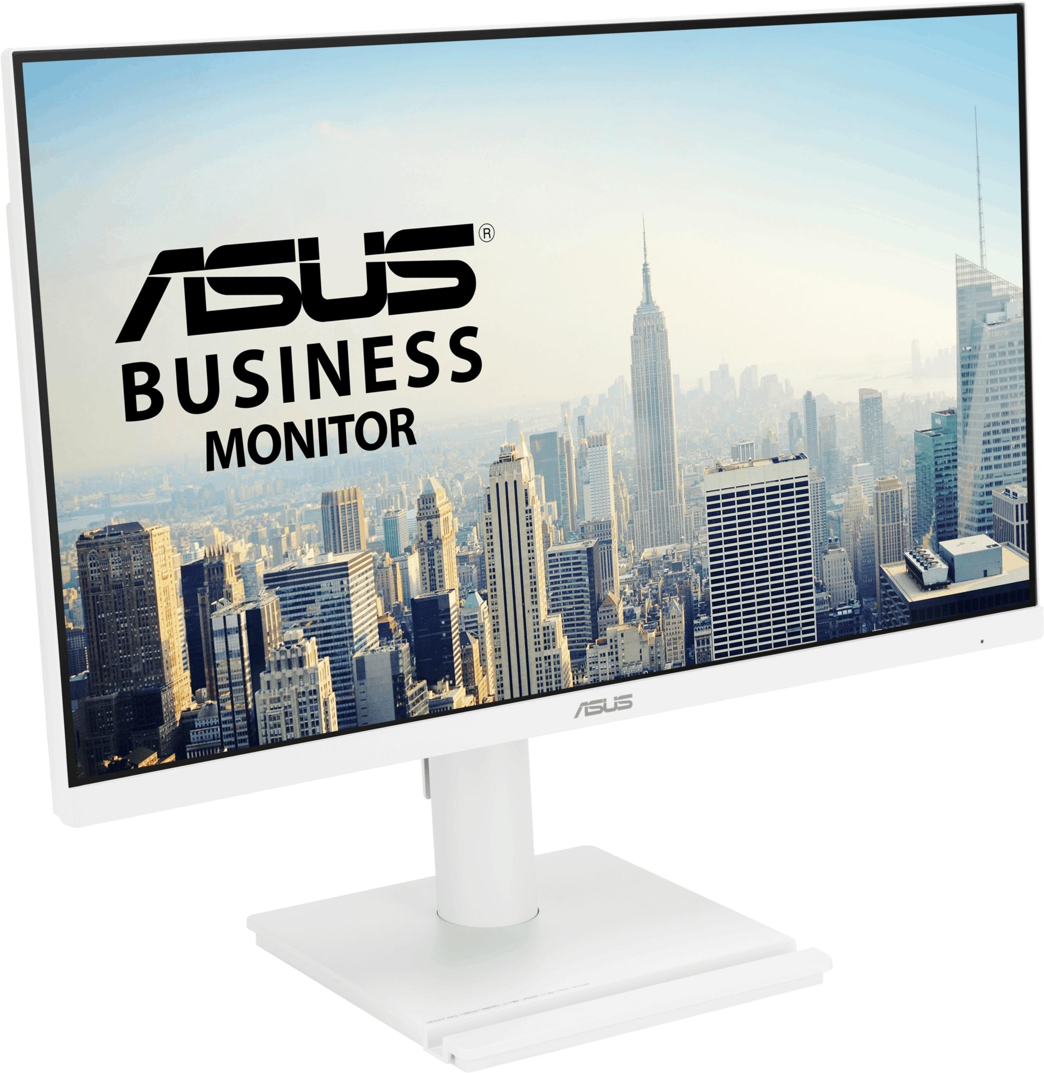 Biały monitor ASUS wyświetla panoramę Nowego Jorku z logo ASUS Business Monitor.