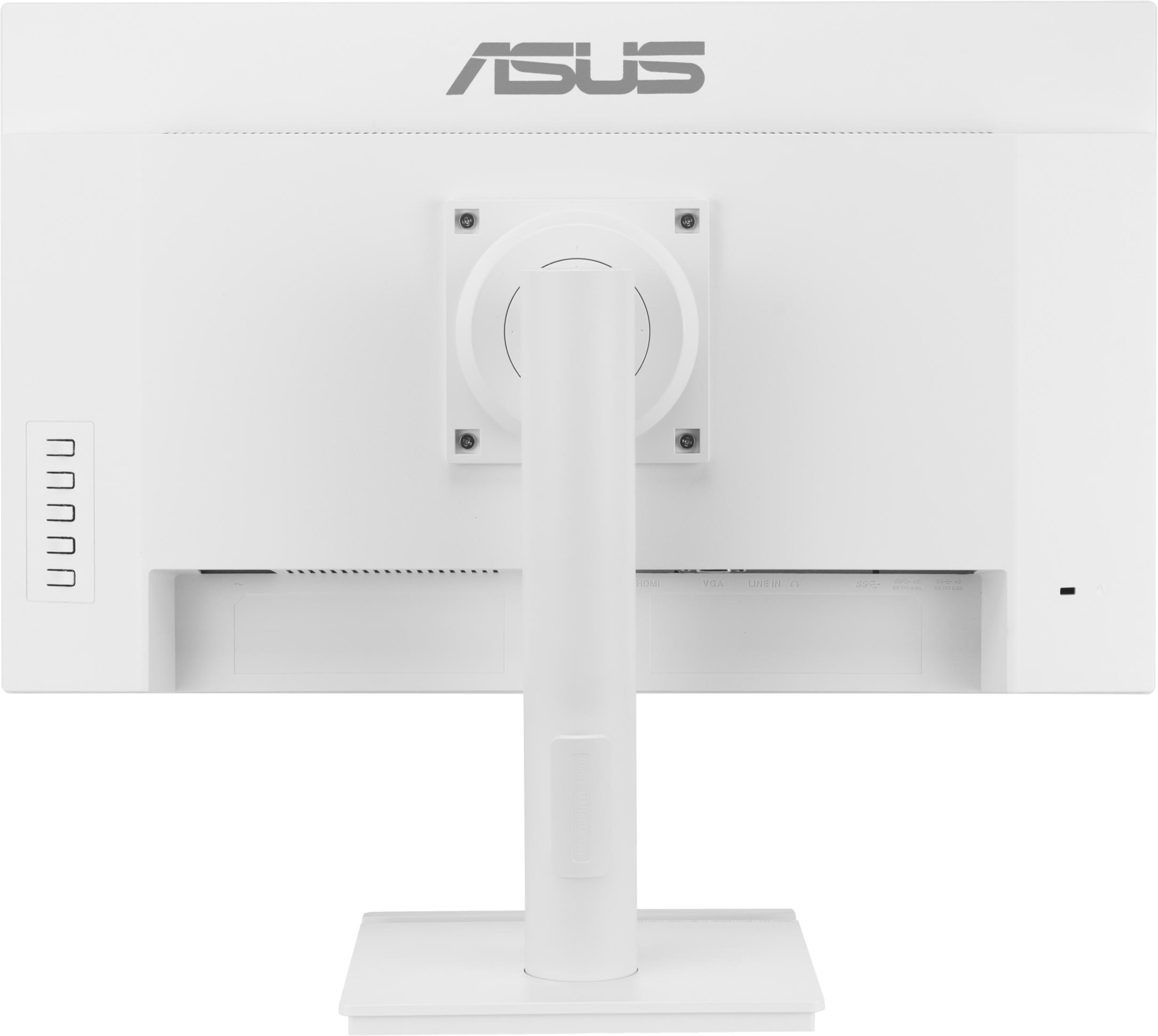 Tył białego monitora ASUS z portami i podstawą. Logo ASUS.
