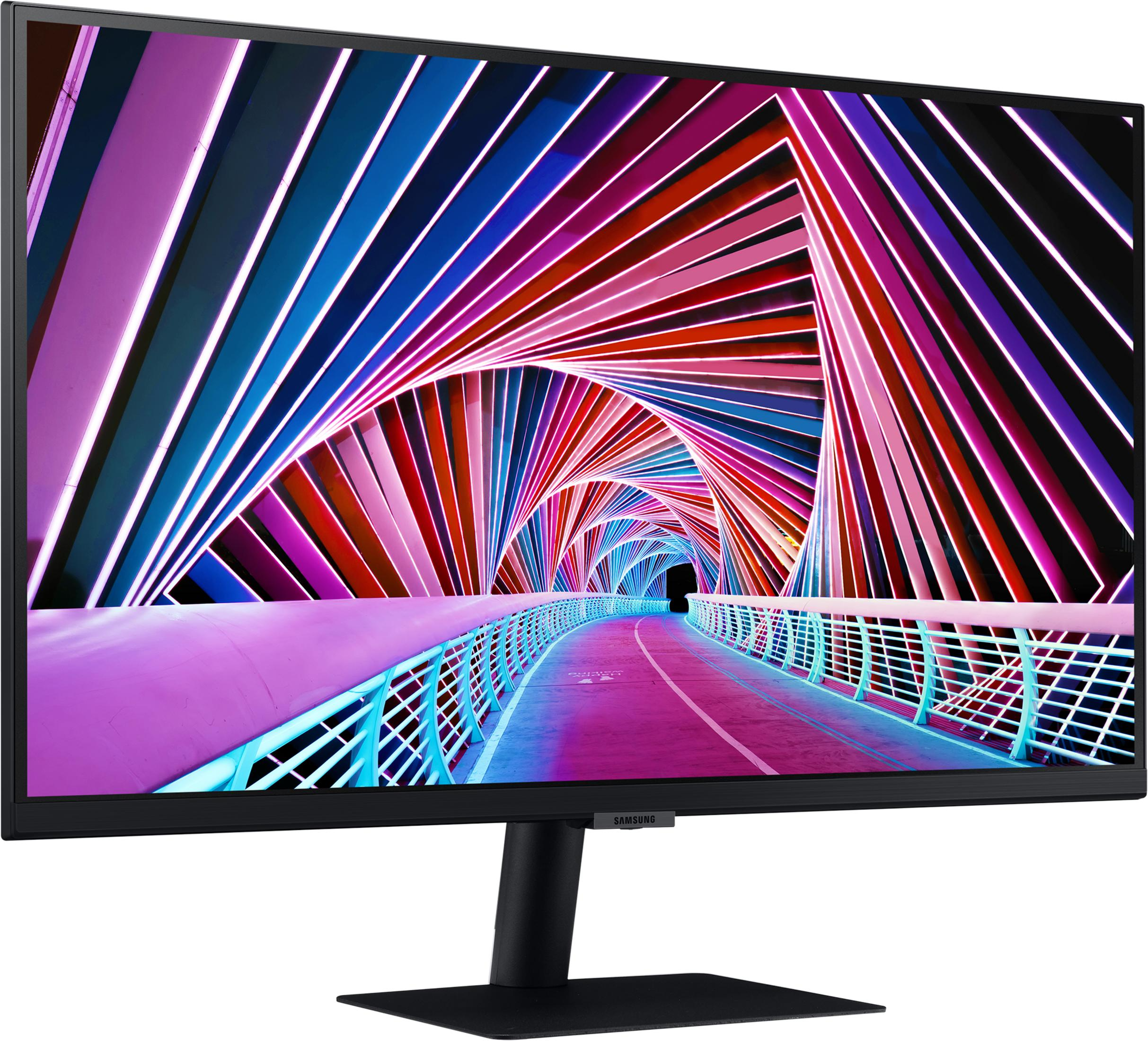 Un monitor che mostra un tunnel di ponte colorato con luci al neon e una passerella.