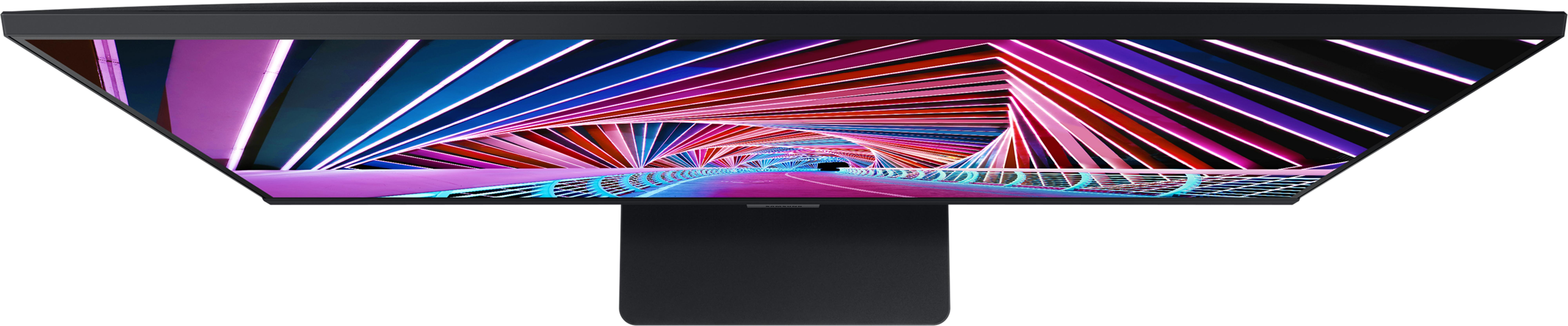 Un monitor che visualizza un tunnel astratto colorato sullo schermo, con un supporto nero sotto.
