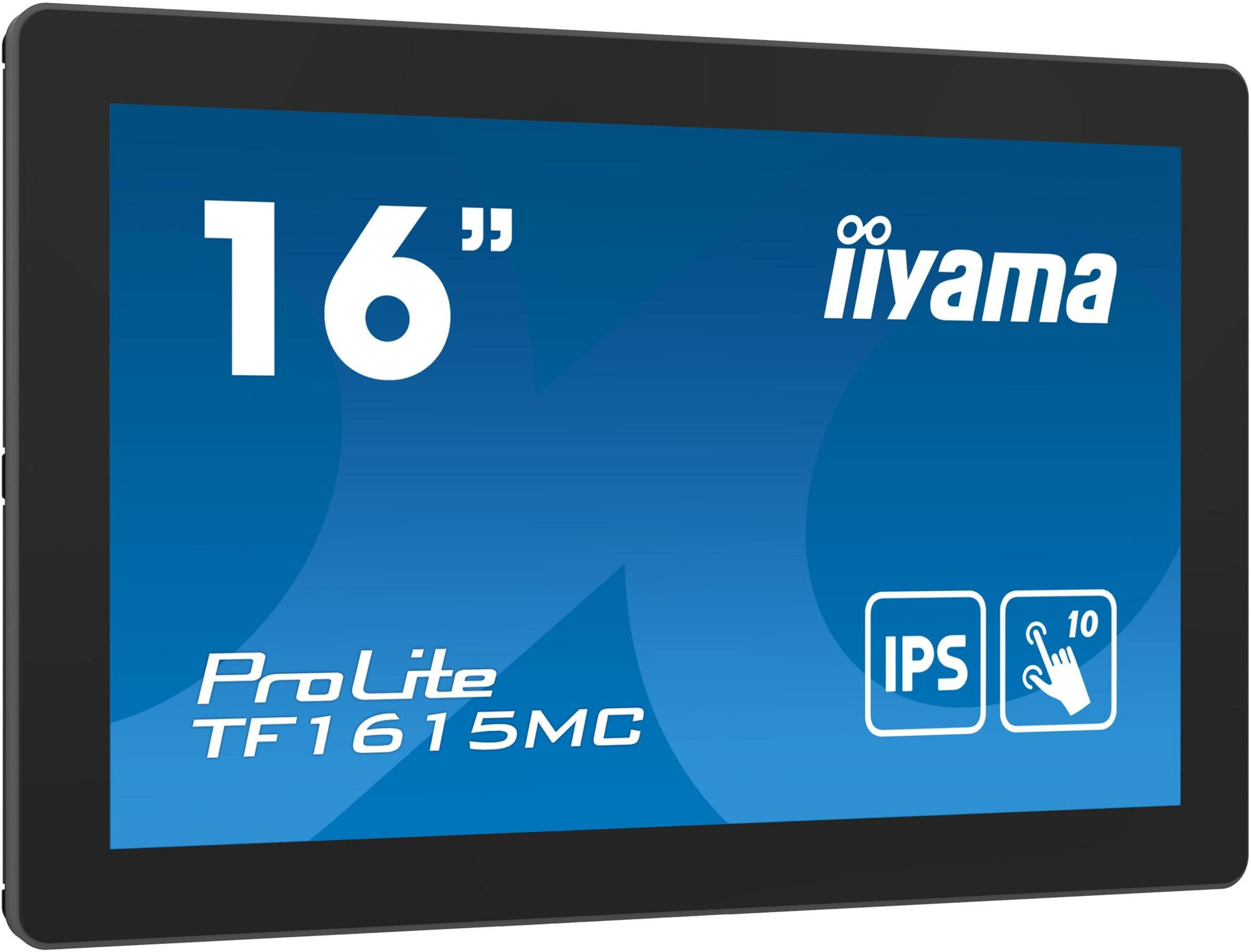 Ein schwarzer Monitor zeigt 16 Zoll, iiyama Logo, ProLite TF1615MC, IPS und 10 Touch-Punkte.