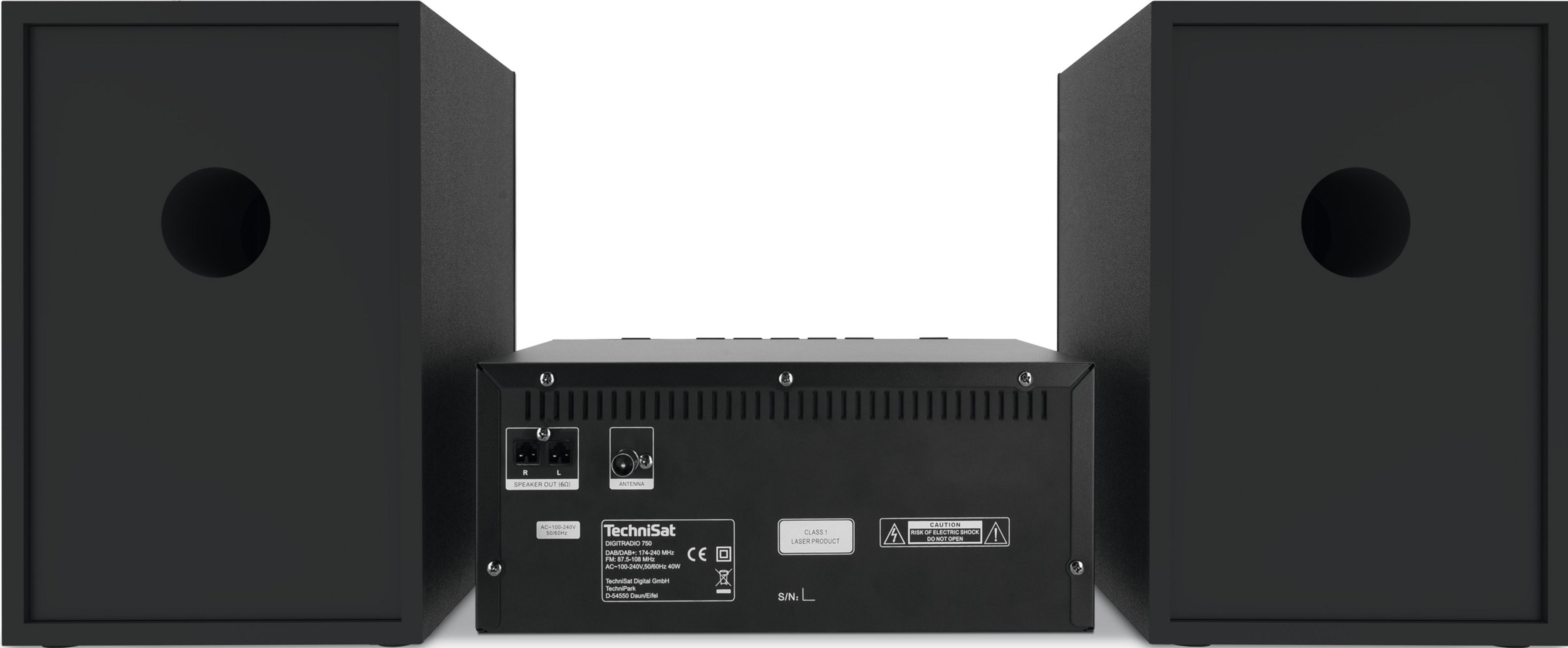 Rückseite eines schwarzen TechniSat Radios mit Lautsprecheranschlüssen und Antenneneingang.