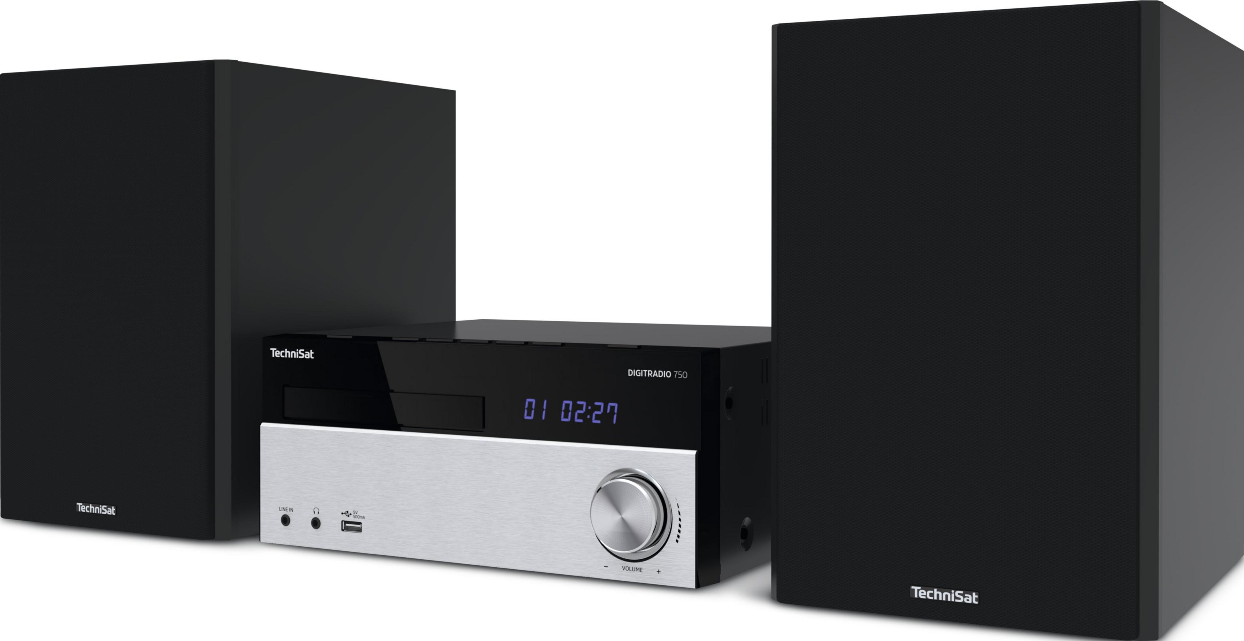 Ein schwarzes TechniSat Digiradio 750 Soundsystem mit zwei Lautsprechern.