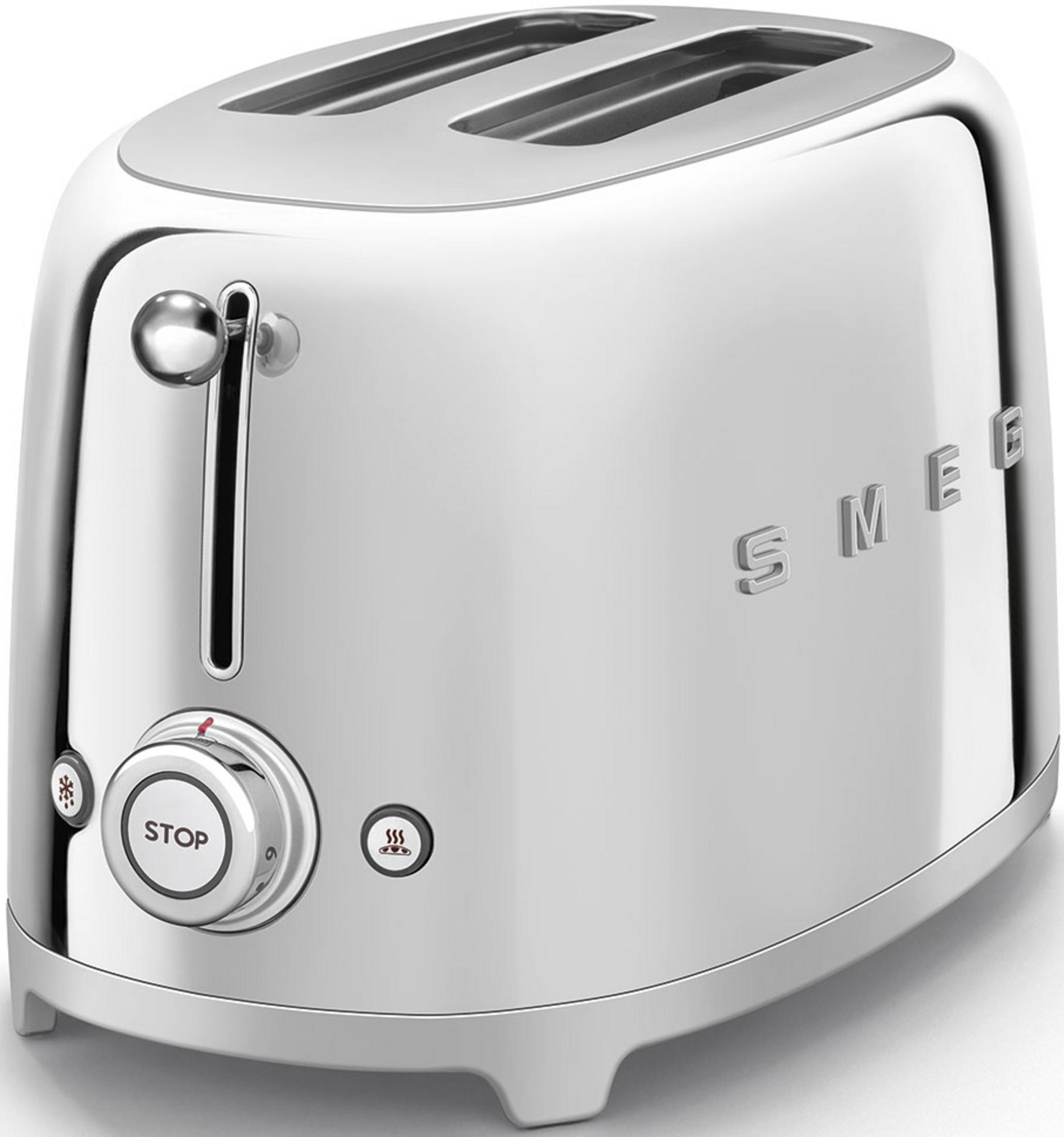 Ein glänzender silberner Toaster mit zwei Schlitzen und Bedienelementen.