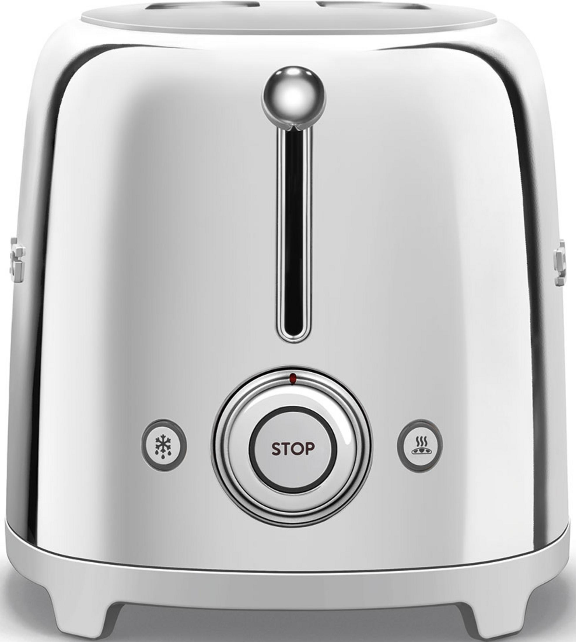 Ein glänzender, silberner Toaster mit einem zentralen Stopp-Knopf und Symbolen.