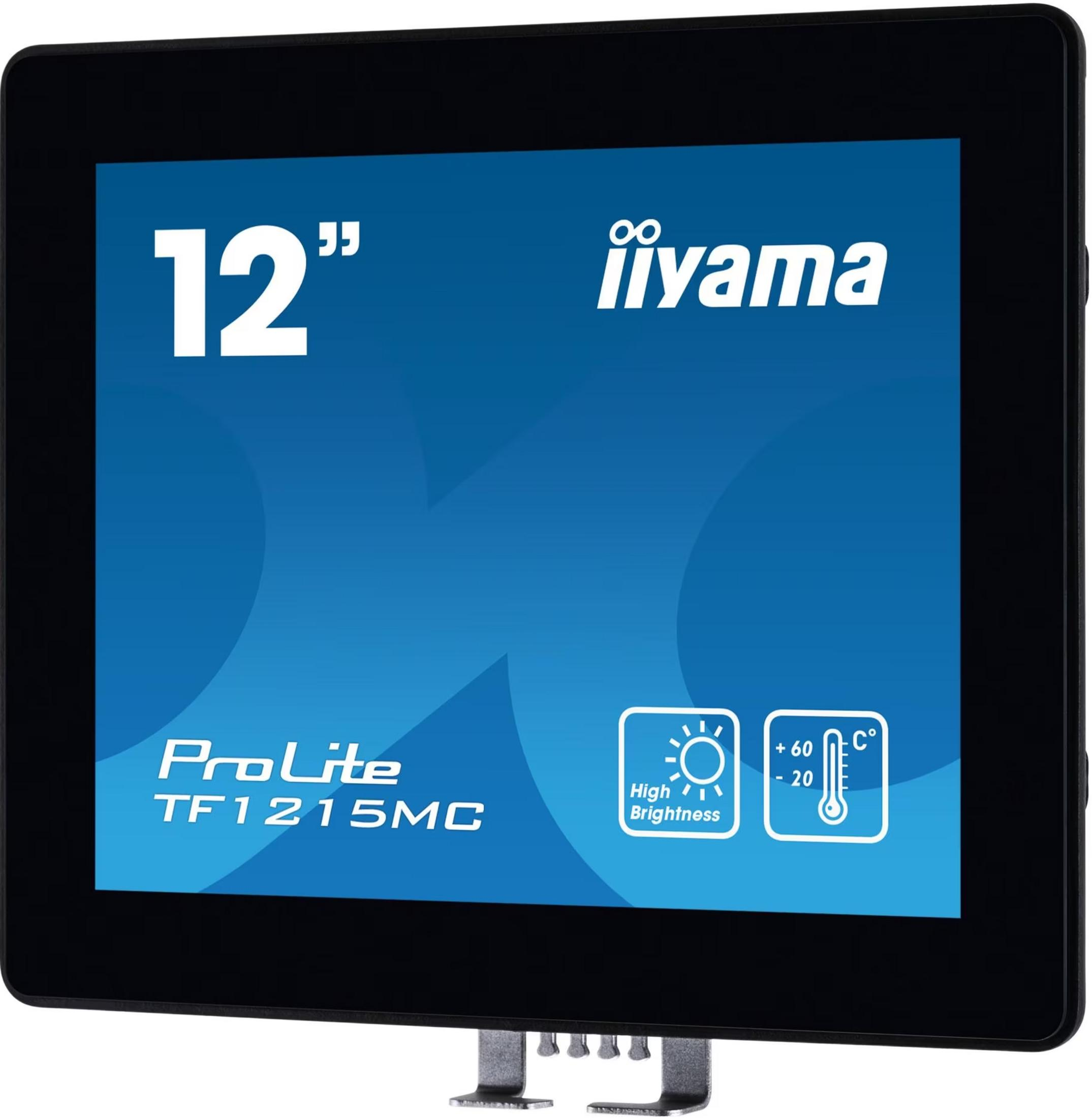 12-Zoll-iiyama ProLite TF1215MC Touchscreen mit Helligkeits- und Temperatursymbolen.